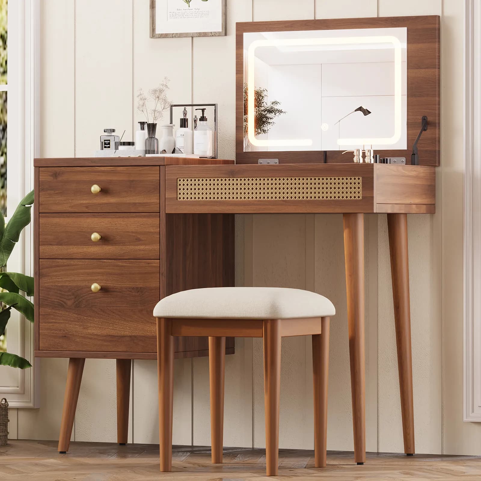 39" Retro Bohemian Style Vanity, Vantiy Desk with Mirror and LED Lights, Dressing Table…