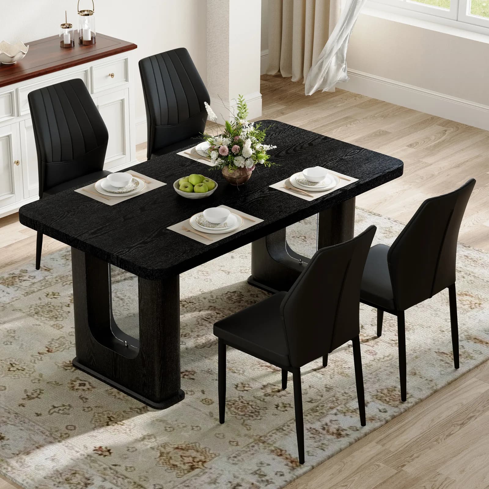 Table and chair set, 64, 5 x 35, 4 Inch Stylish Black Wood Color Textured Dining Table,…