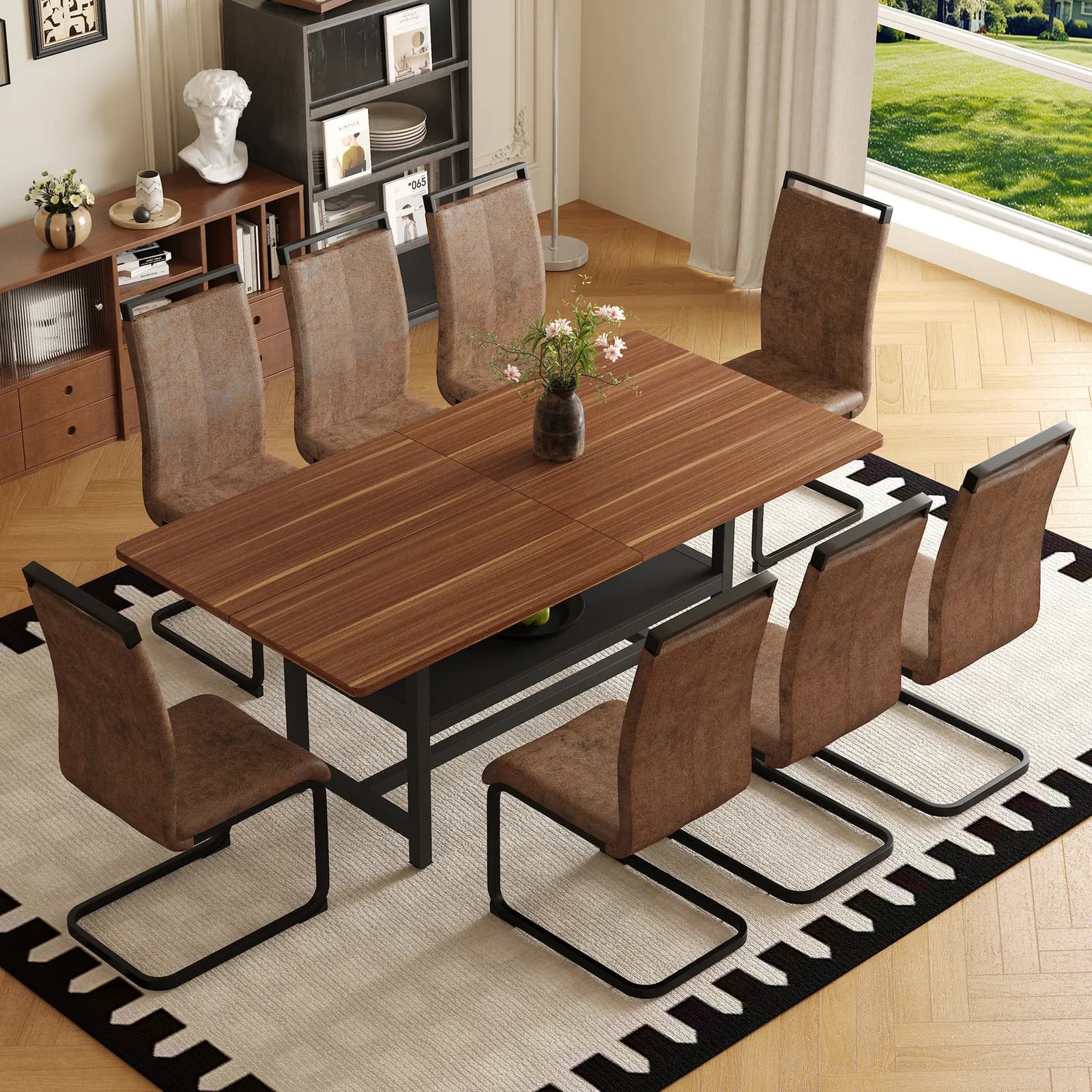 Table and chair set, 71 inch long fashionable walnut grain dining table, a practical…
