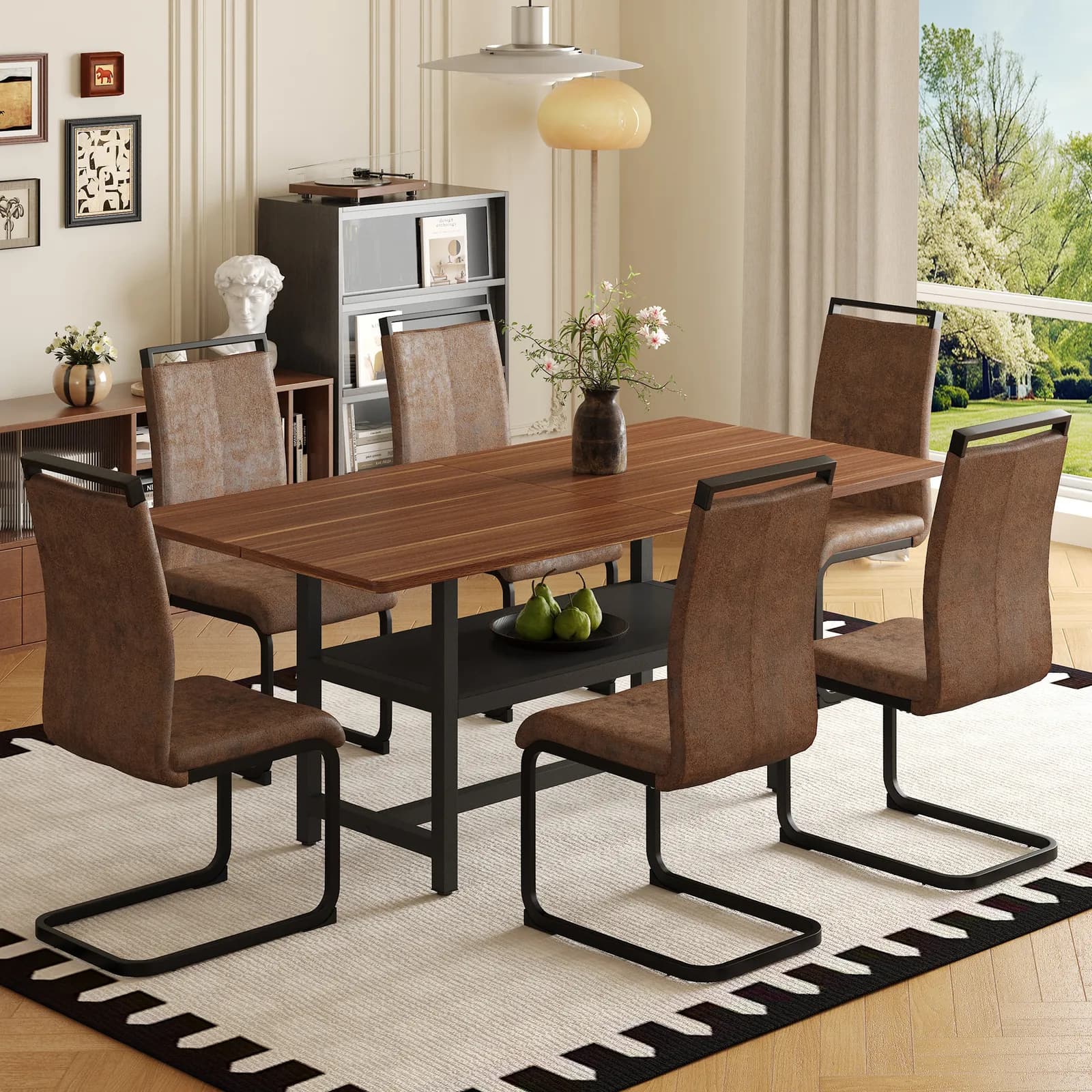 Table and chair set, 71 inch long fashionable walnut grain dining table, a practical…