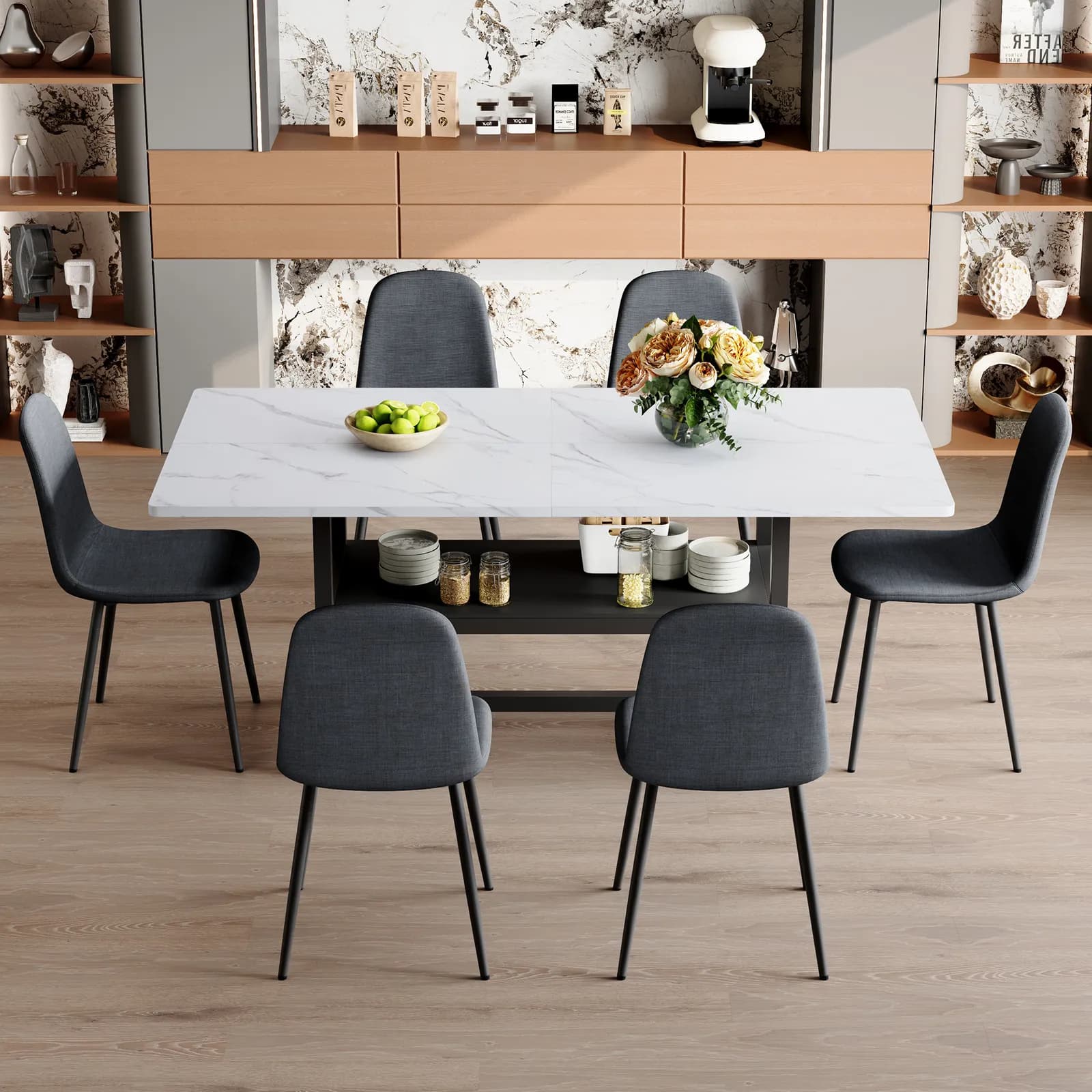 Table and chair set, 71*35, 4 inch Black Grain Spliced Dining Table With Storage Function…