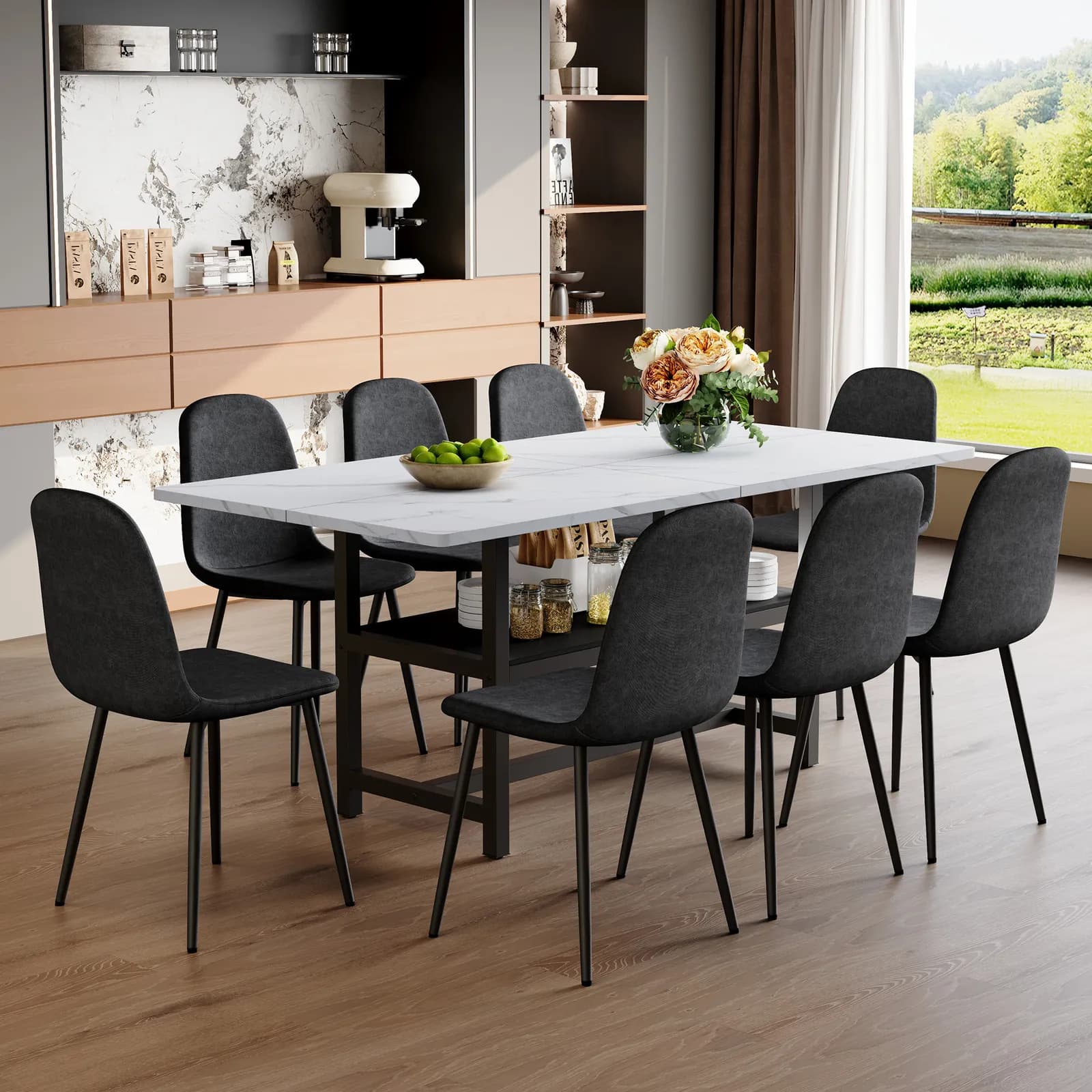Table and chair set, 71*35, 4 inch White Grain Spliced Dining Table With Storage Function…