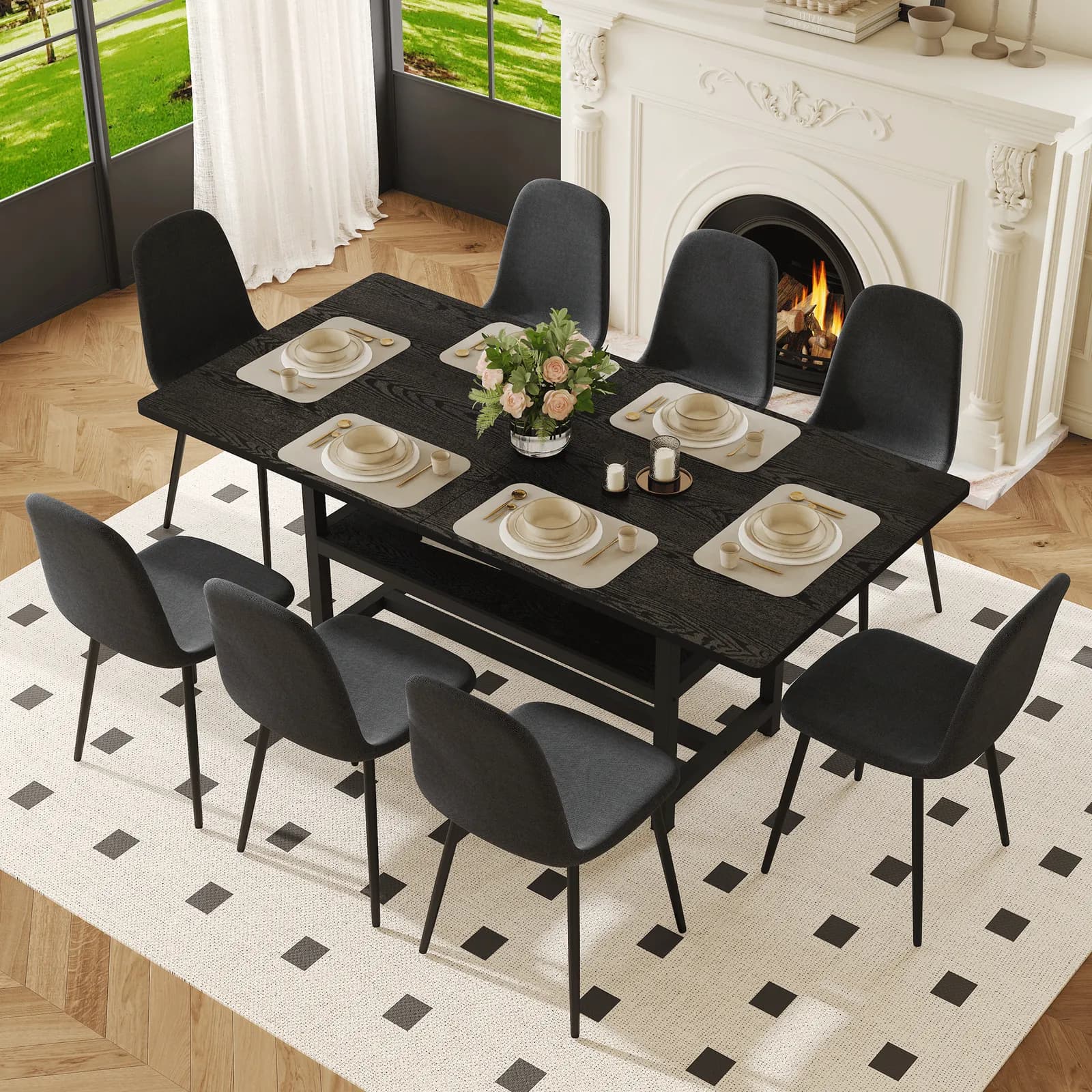 Table and chair set, 71*35, 4 inch Black Grain Spliced Dining Table With Storage Function…