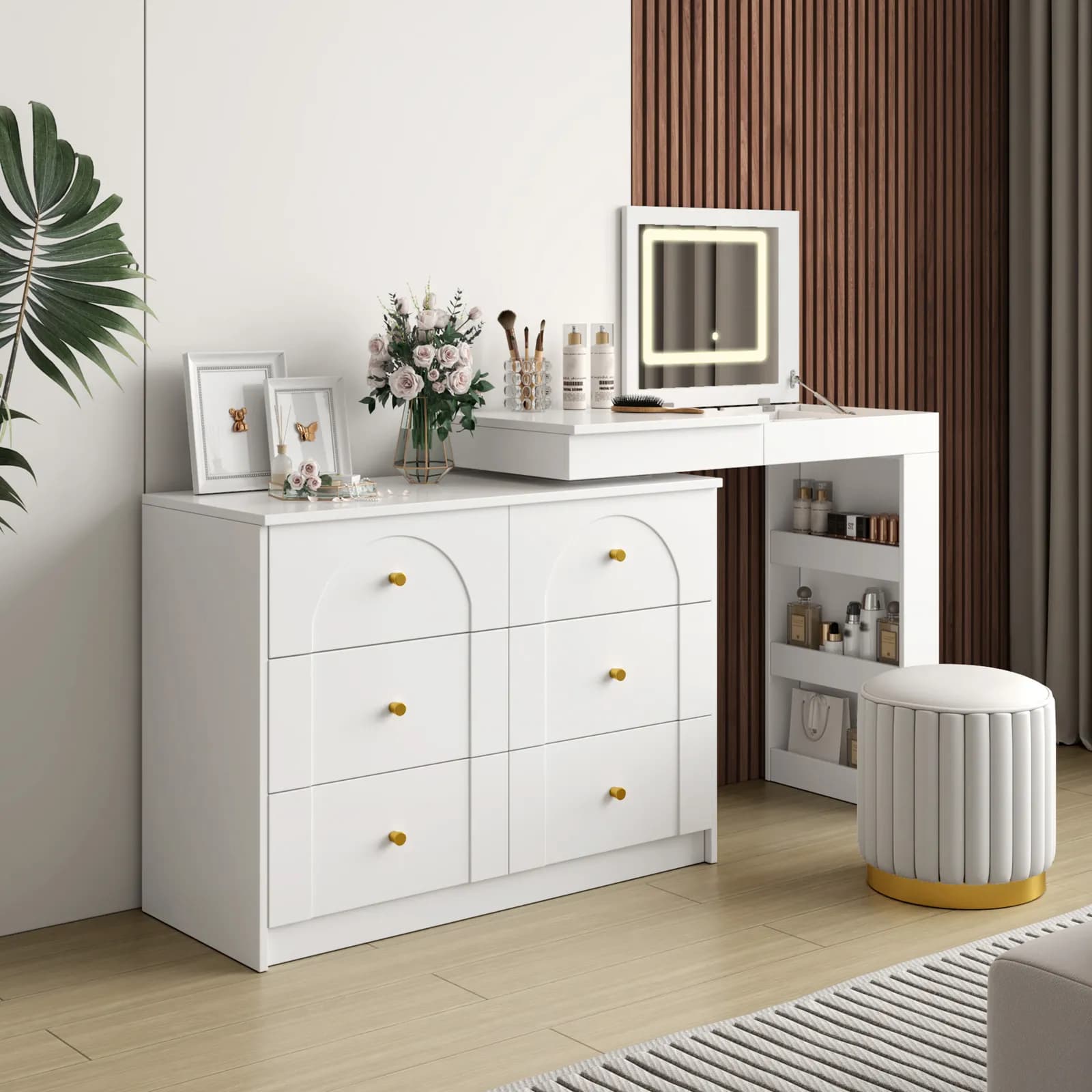 Vanity Desk with Mirror and Lights, Makeup Vanity Table with Flip-Top Tabletop and…