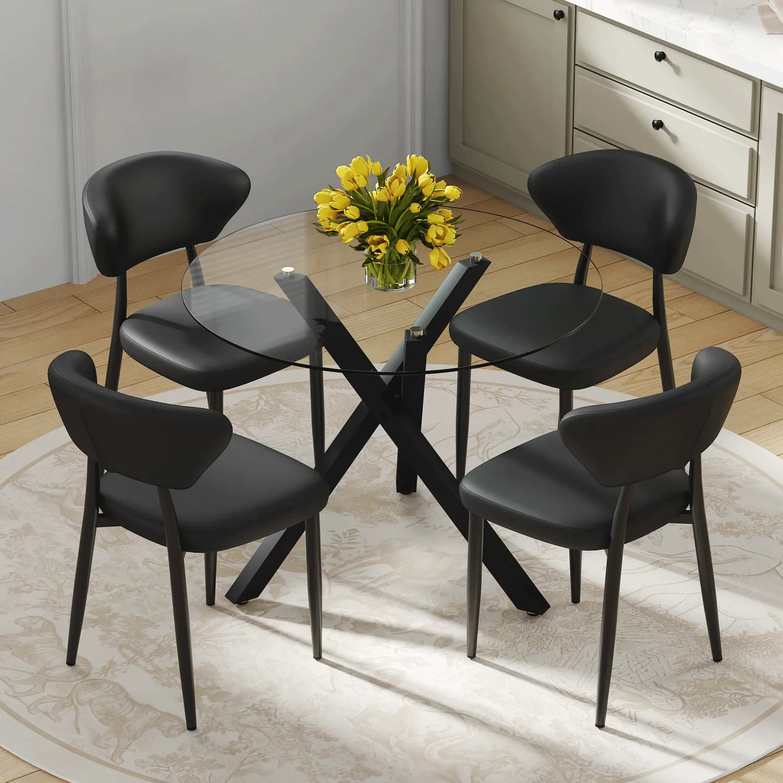 Table and chair set, Modern glass round table: 39 inch diameter, X-shaped black metal…