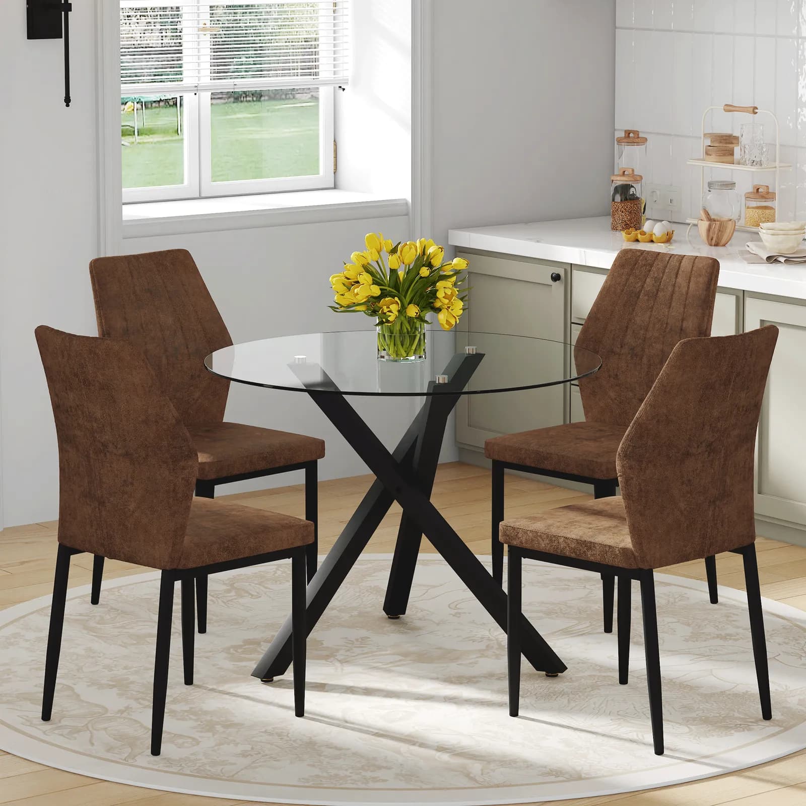 Table and chair set, Modern glass round table: 39 inch diameter, X-shaped black metal…