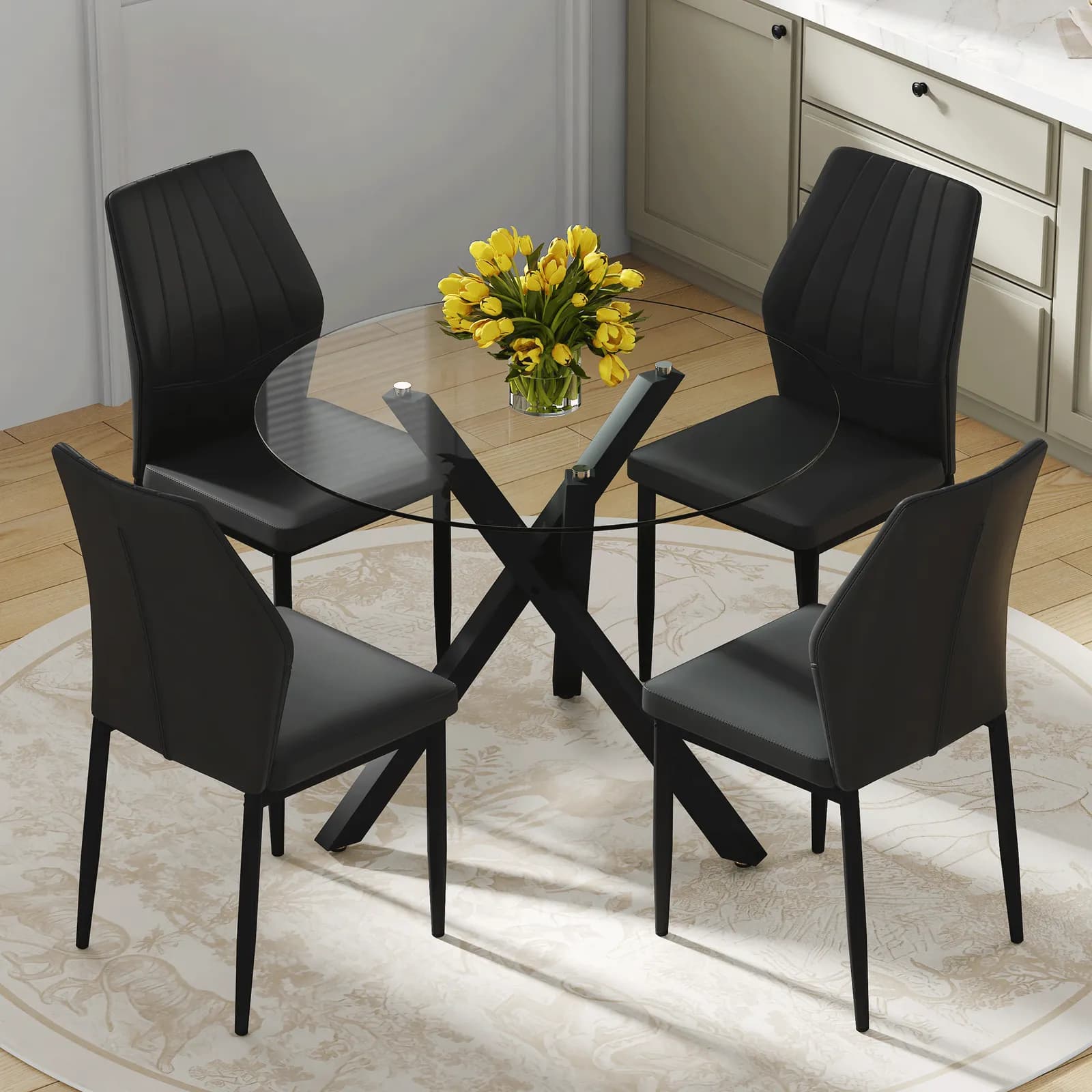 Table and chair set, Modern glass round table: 39 inch diameter, X-shaped black metal…