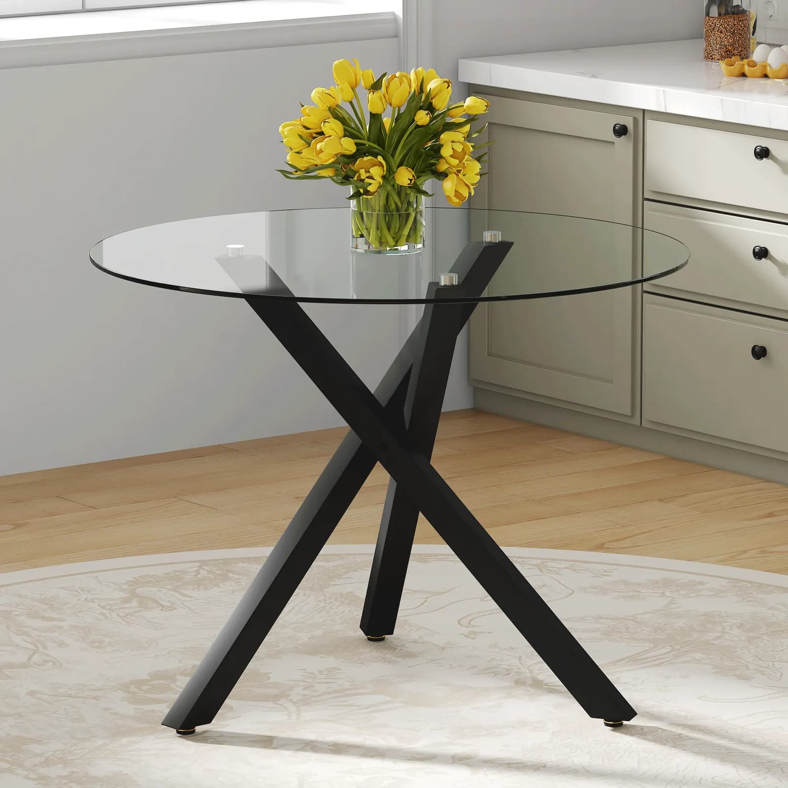 Round Glass Dining Table: 39" Diameter, 30" Height, X-Shaped Metal Frame, Perfect for…