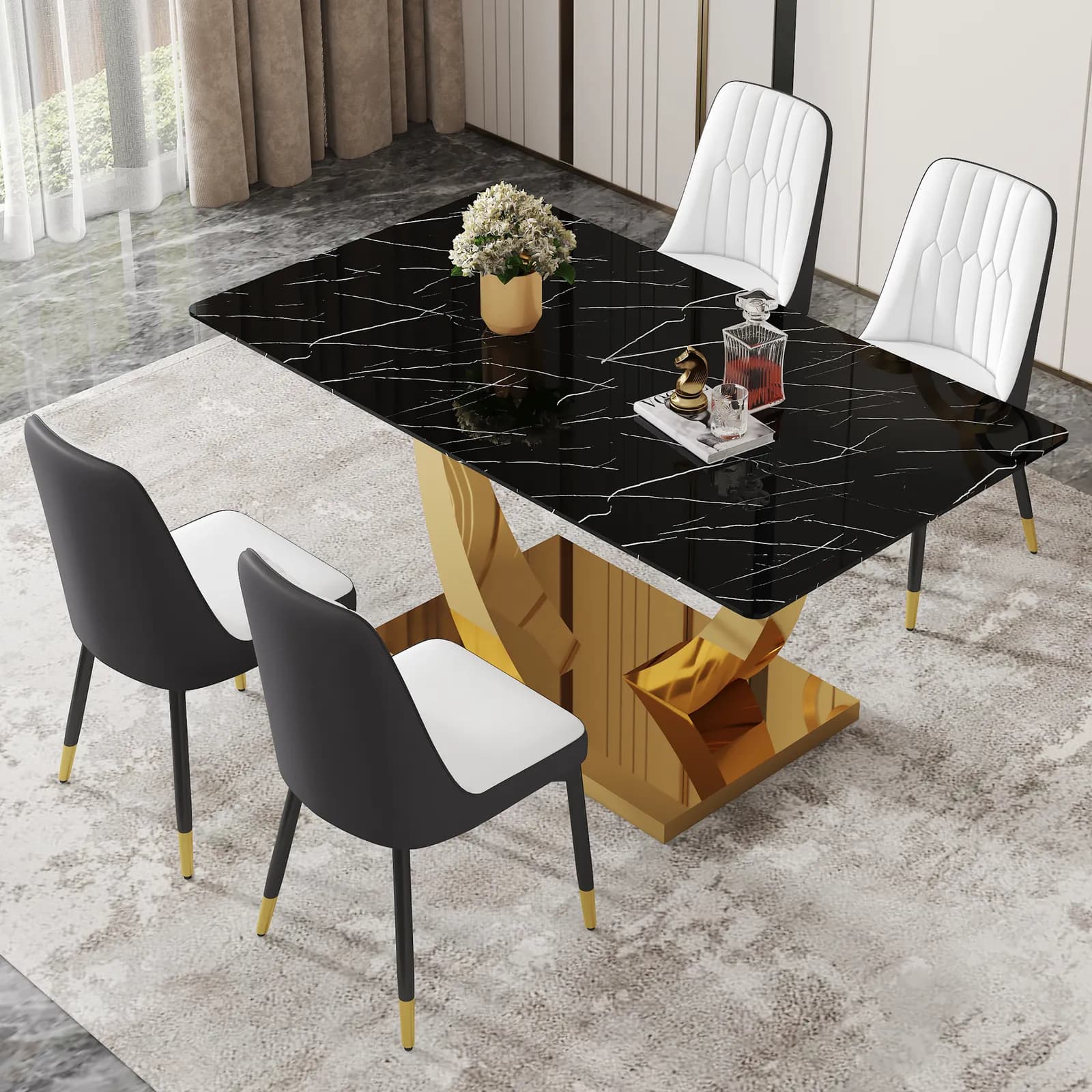 Table and chair set, Modern rectangular dining table with black textured stickers glass…