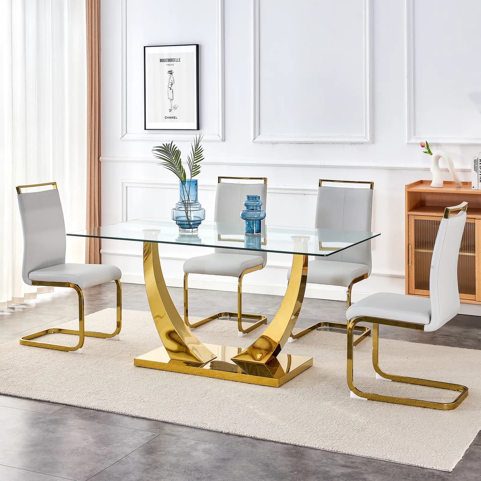 1 table with 4 light gray chairs, Glass dining table, Equipped with 0, 39 "tempered glass…