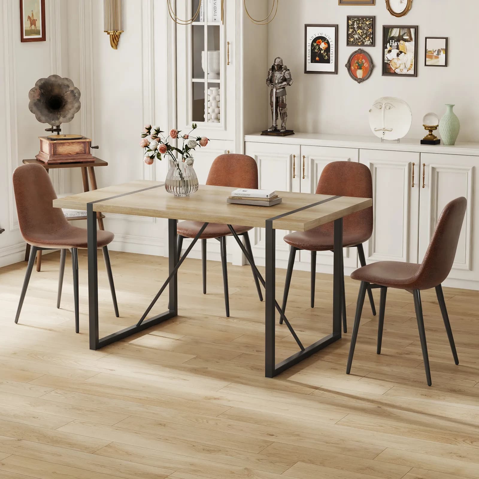 Table and chair set, upholstered side chairs in a modern medieval style, Paired With 4…