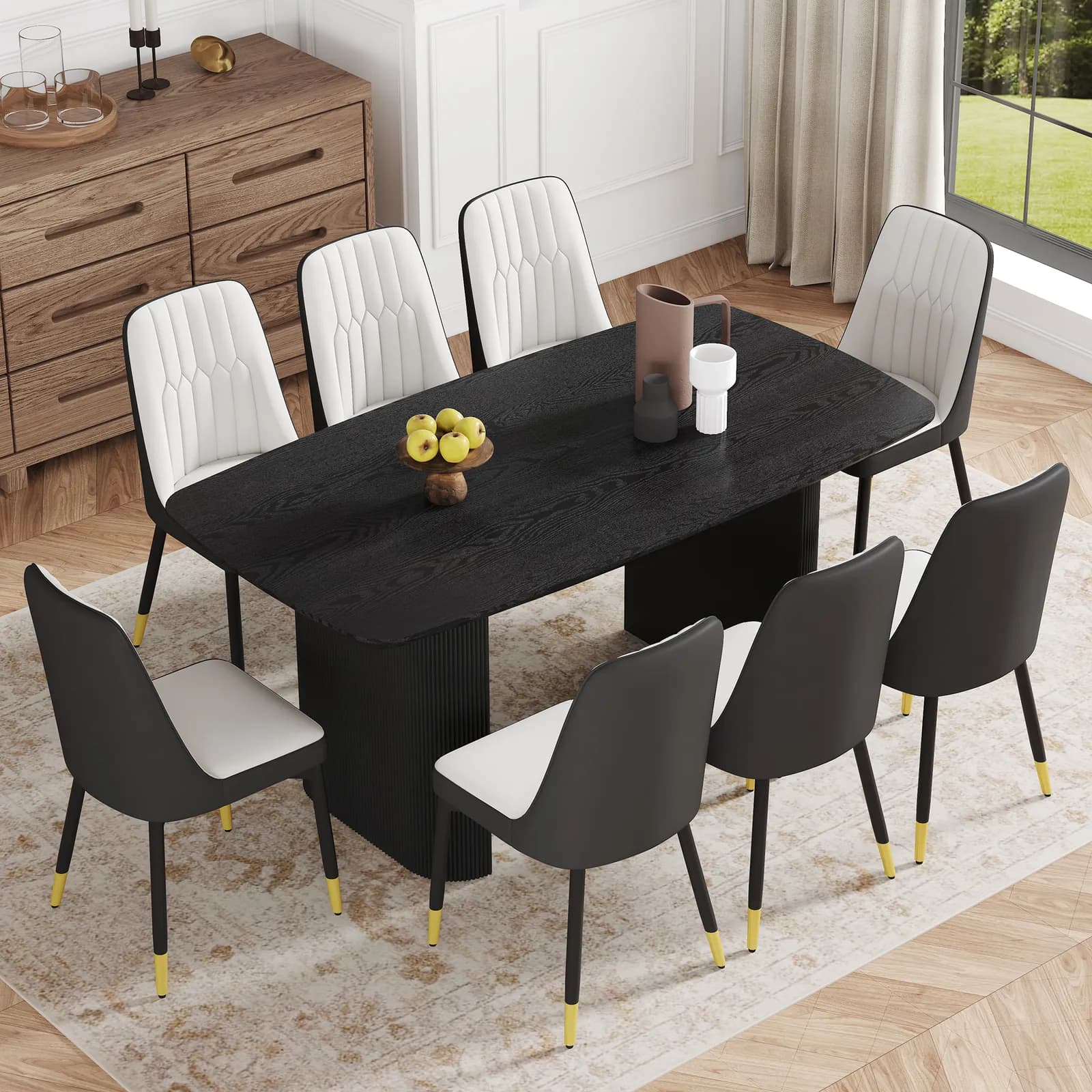 Table and chair set, 67 * 35, 4 inch black wood grain MDF dining table:a simple and…