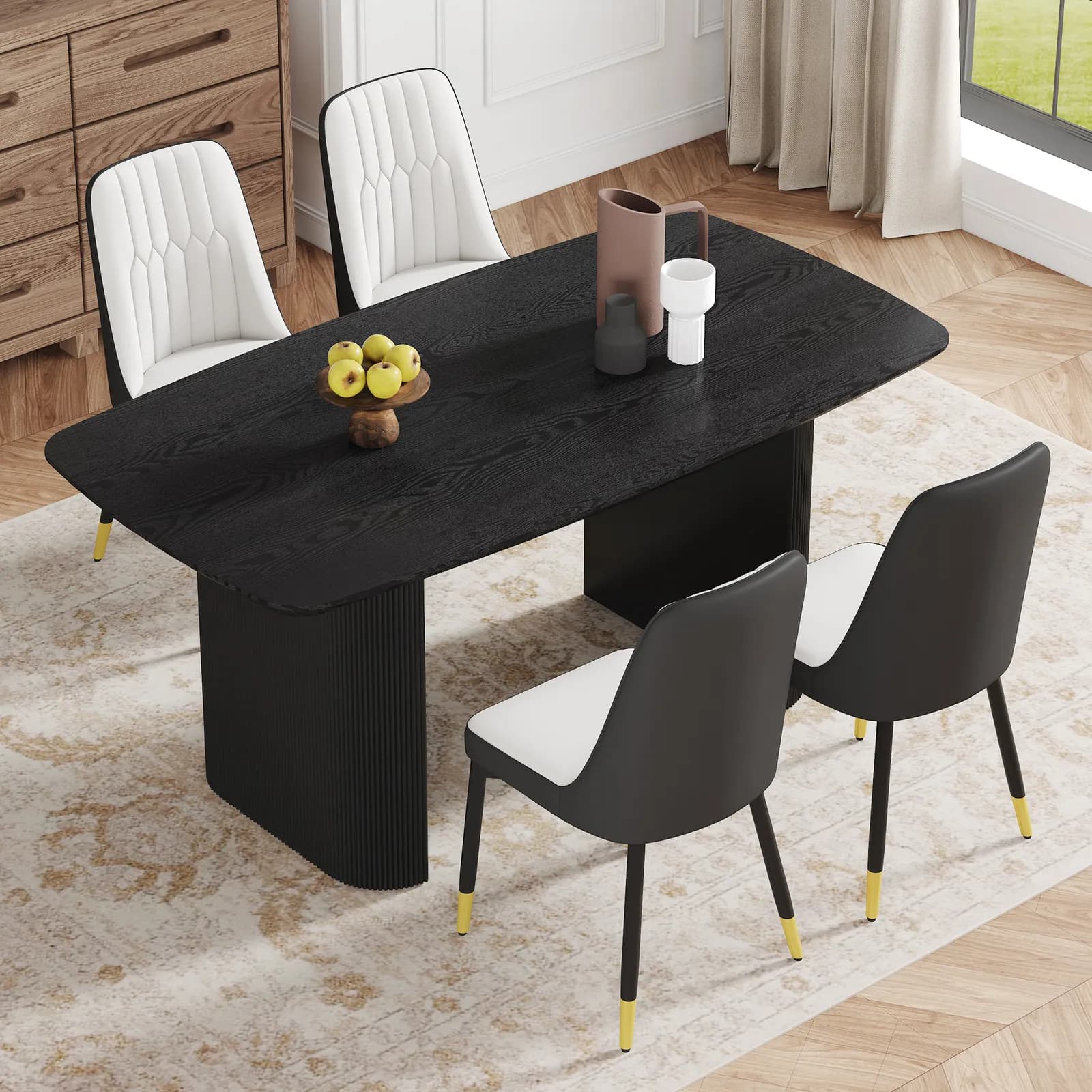 Table and chair set, 67 * 35, 4 inch black wood grain MDF dining table:a simple and…