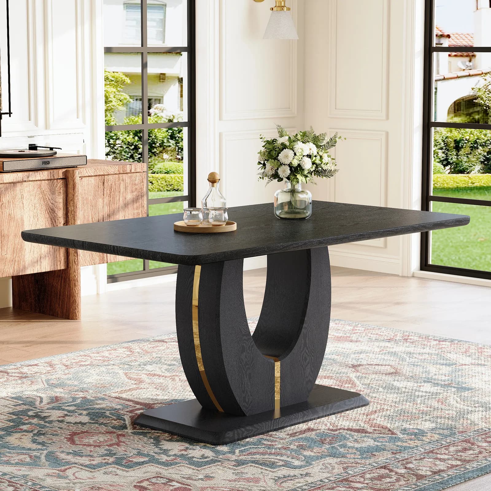 Modern minimalist MDF black wood grain MDF dining table for 4-6 people, Suitable for…