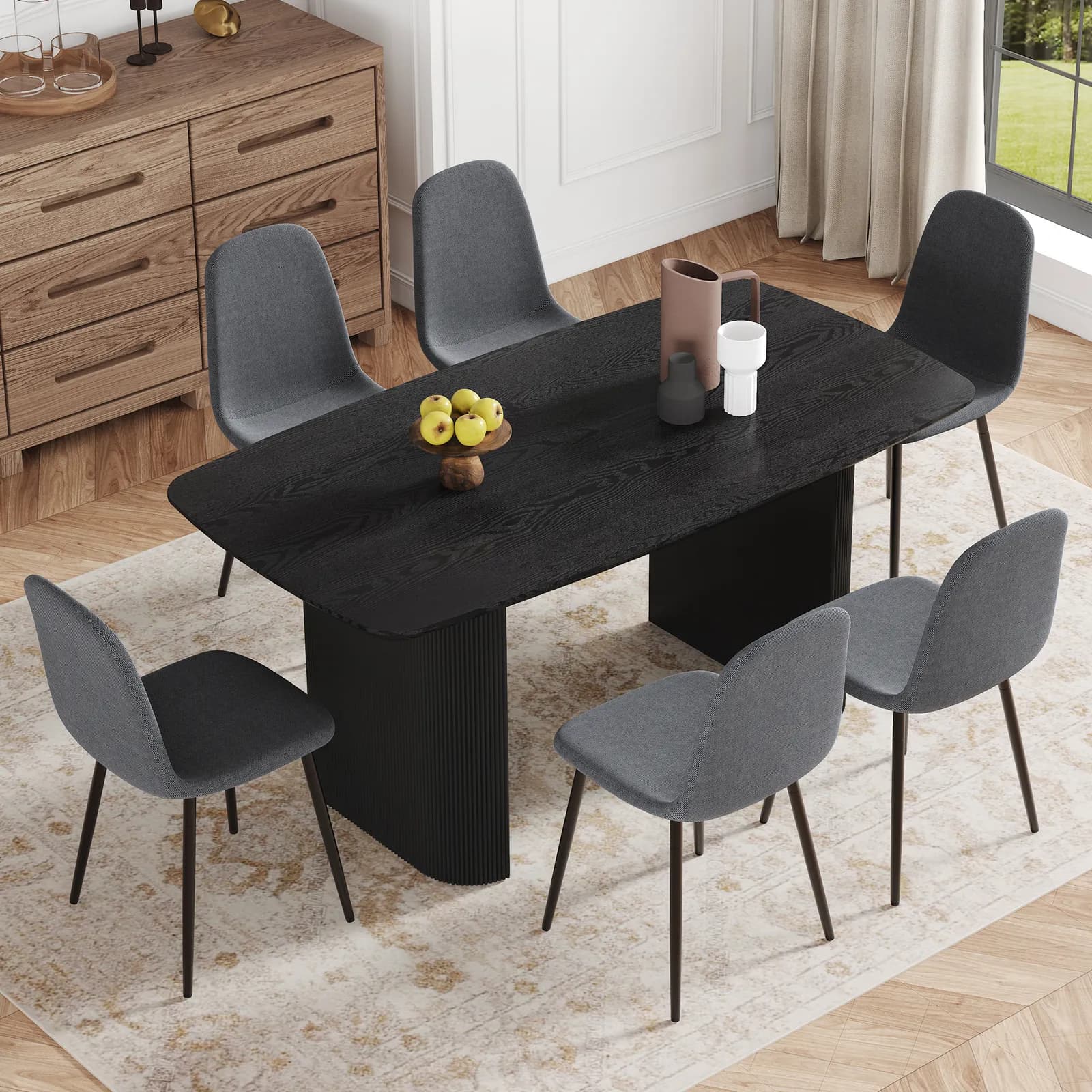 Table and chair set, 67 * 35, 4 inch black wood grain MDF dining table: a simple and…