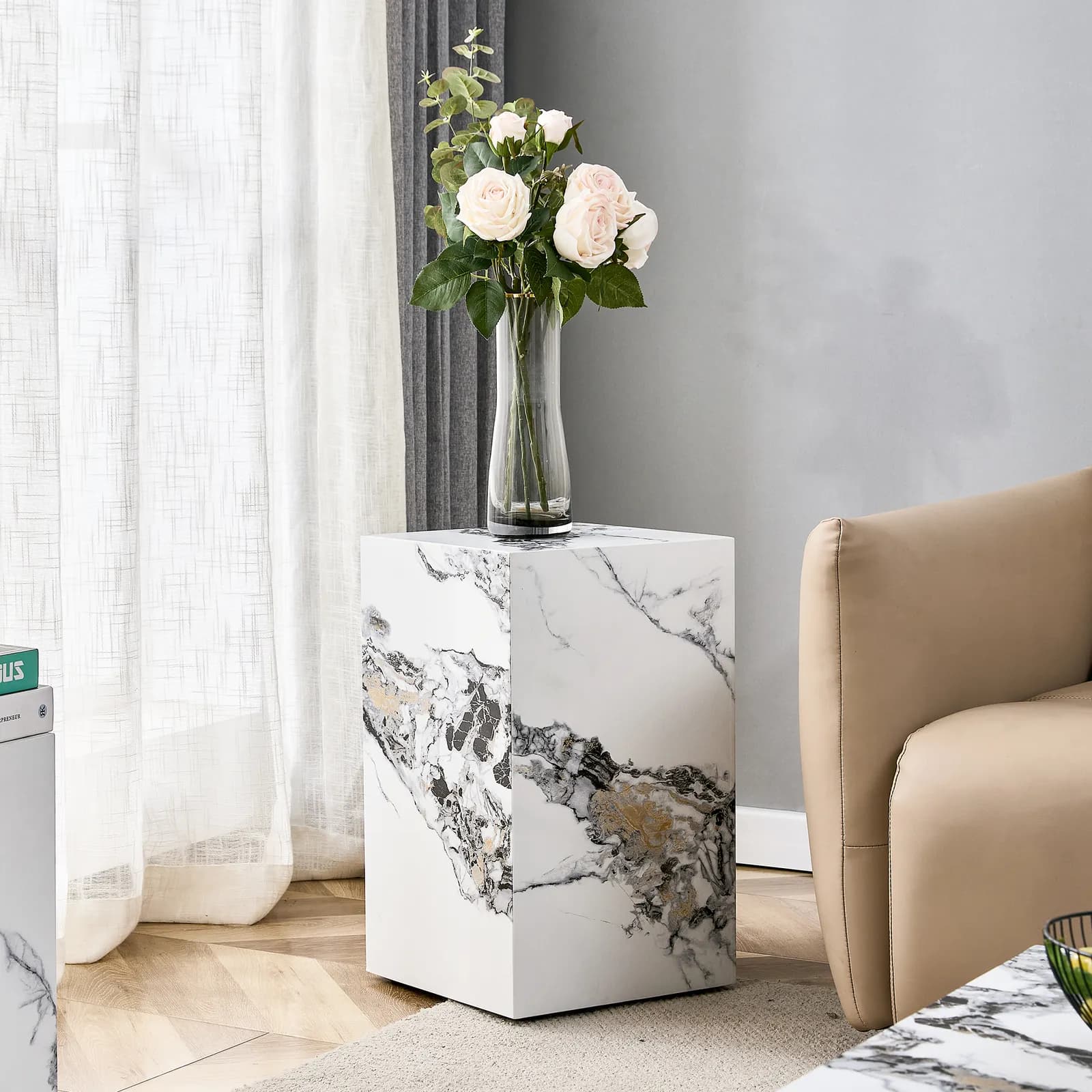 Elevate your living space with this modern MDF coffee table, which showcases white marble…