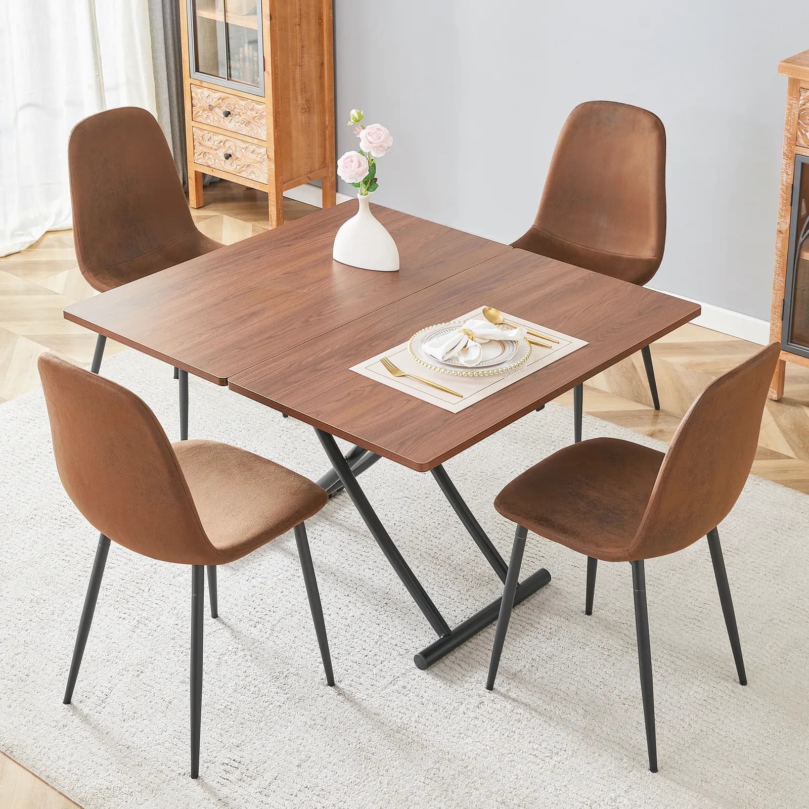 Table and chair set, Modern multifunctional lifting platform, walnut wood texture sticker…