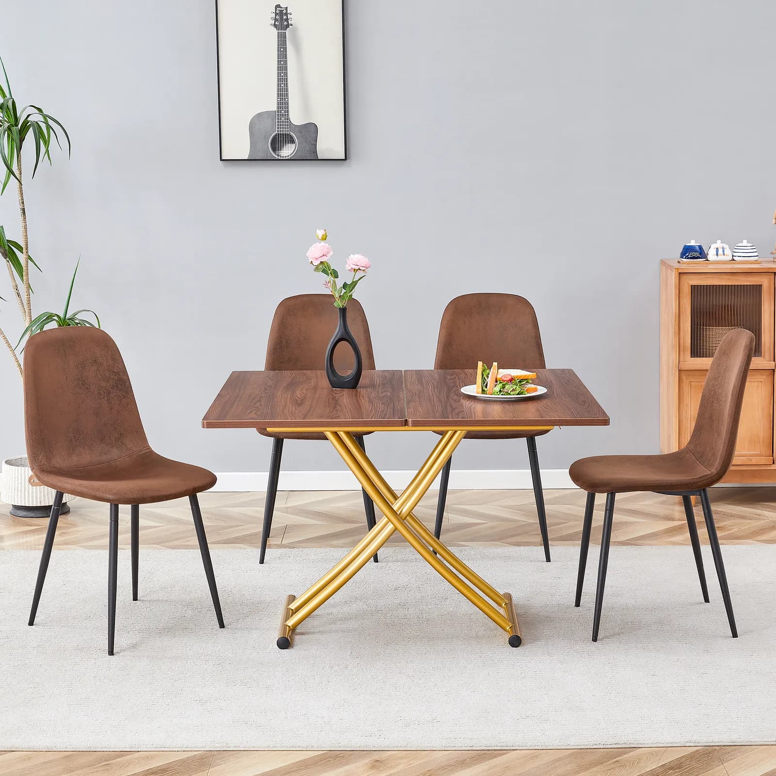 Table and chair set, Modern Minimalist Multifunctional Lifting Platform, Natural Wood…