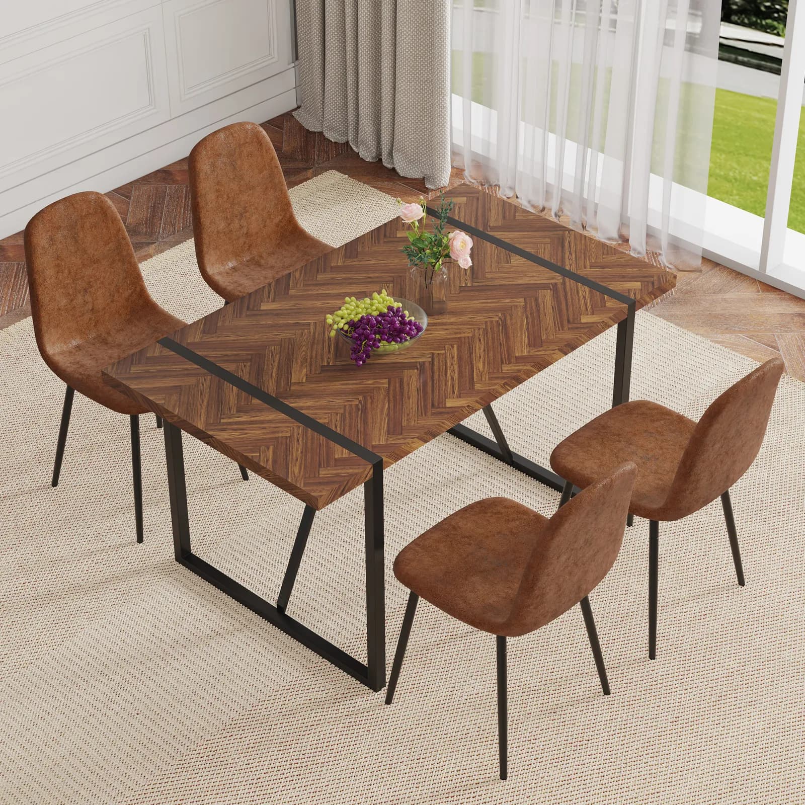 Table and chair set, A retro rectangular dining table with fishbone patterned MDF desktop…