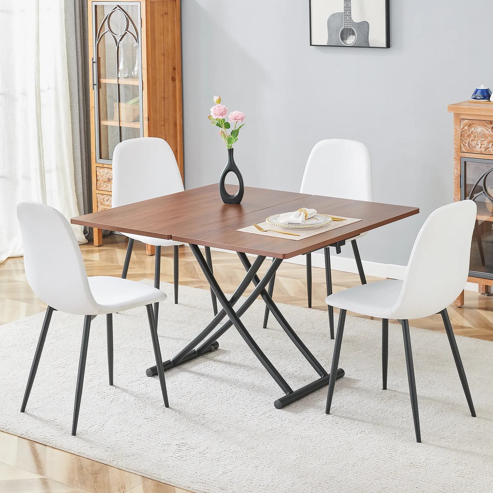 Table and chair set, Modern Multifunctional Lifting Platform, Walnut Wood Grain Sticker…