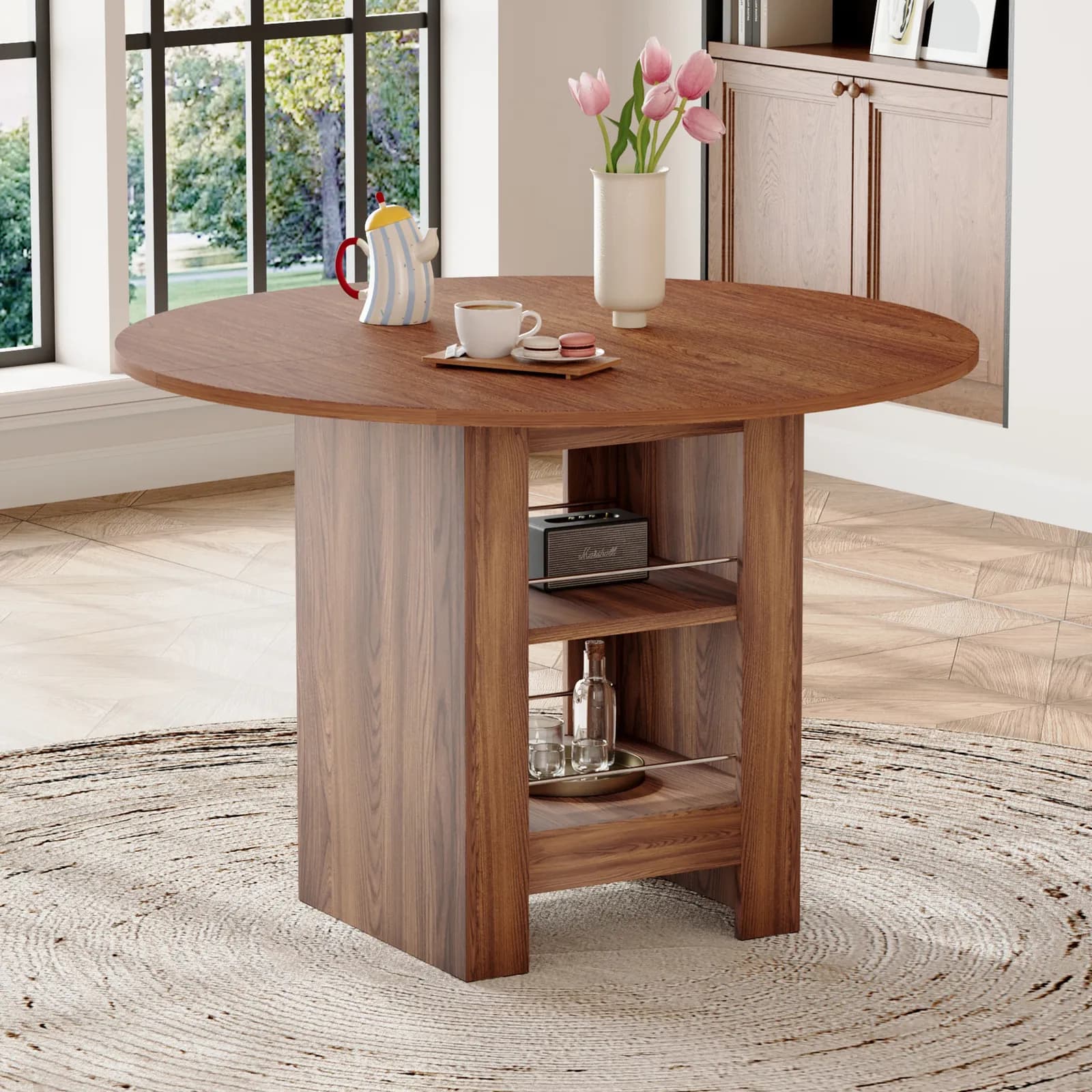 42 inch round MDF walnut dining table: 30 inches high, with double-layer storage shelves,…