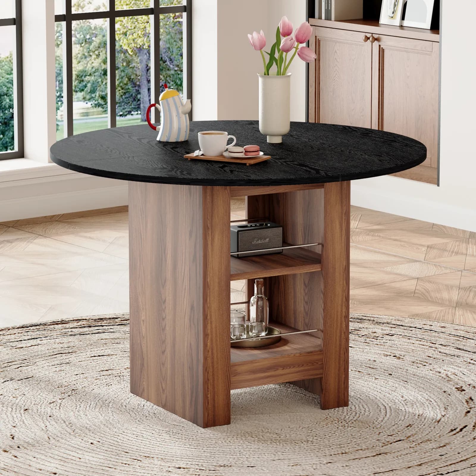 42 inch round MDF black dining table: 30 inches high, with double-layer storage shelves,…
