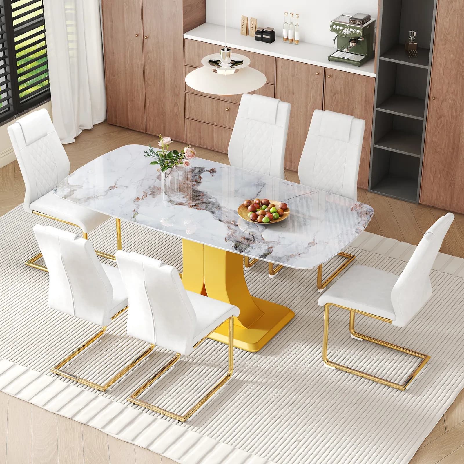 Table and chair set, 71 inch tempered glass dining table covered with white marble…