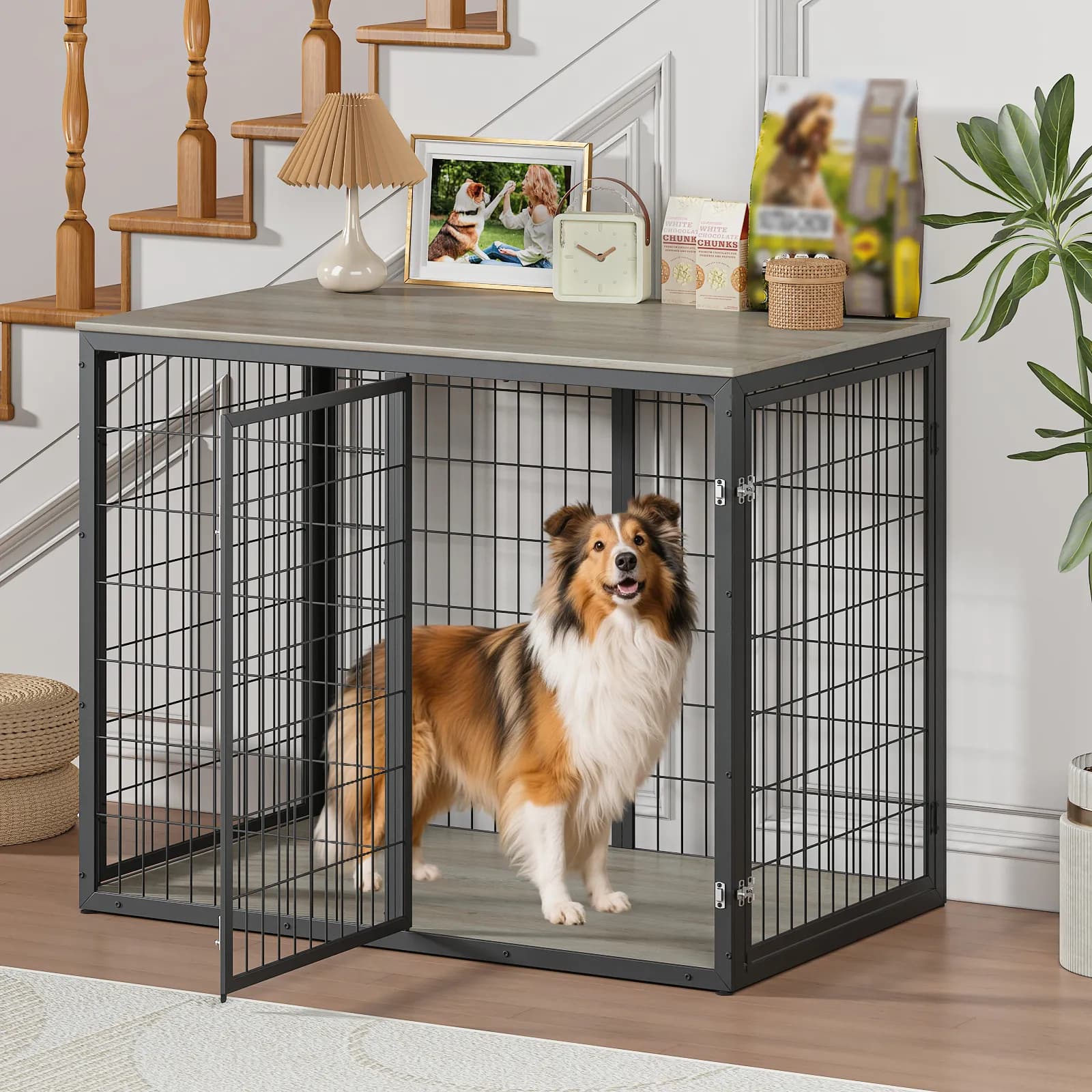 47'' Dog Crate Dog Cage Furniture with 3 Doors, for Large & Medium Dogs, Grey