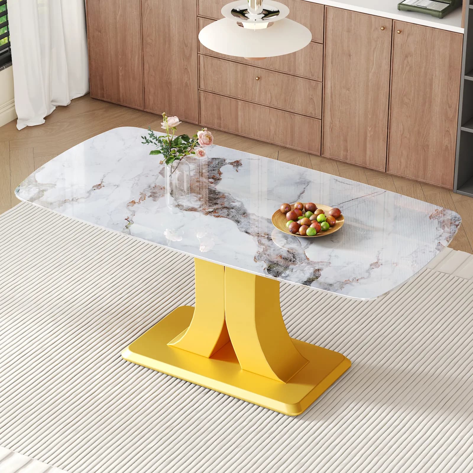A modern minimalist dining table, Imitation marbled glass tabletop, Gold MDF table legs…