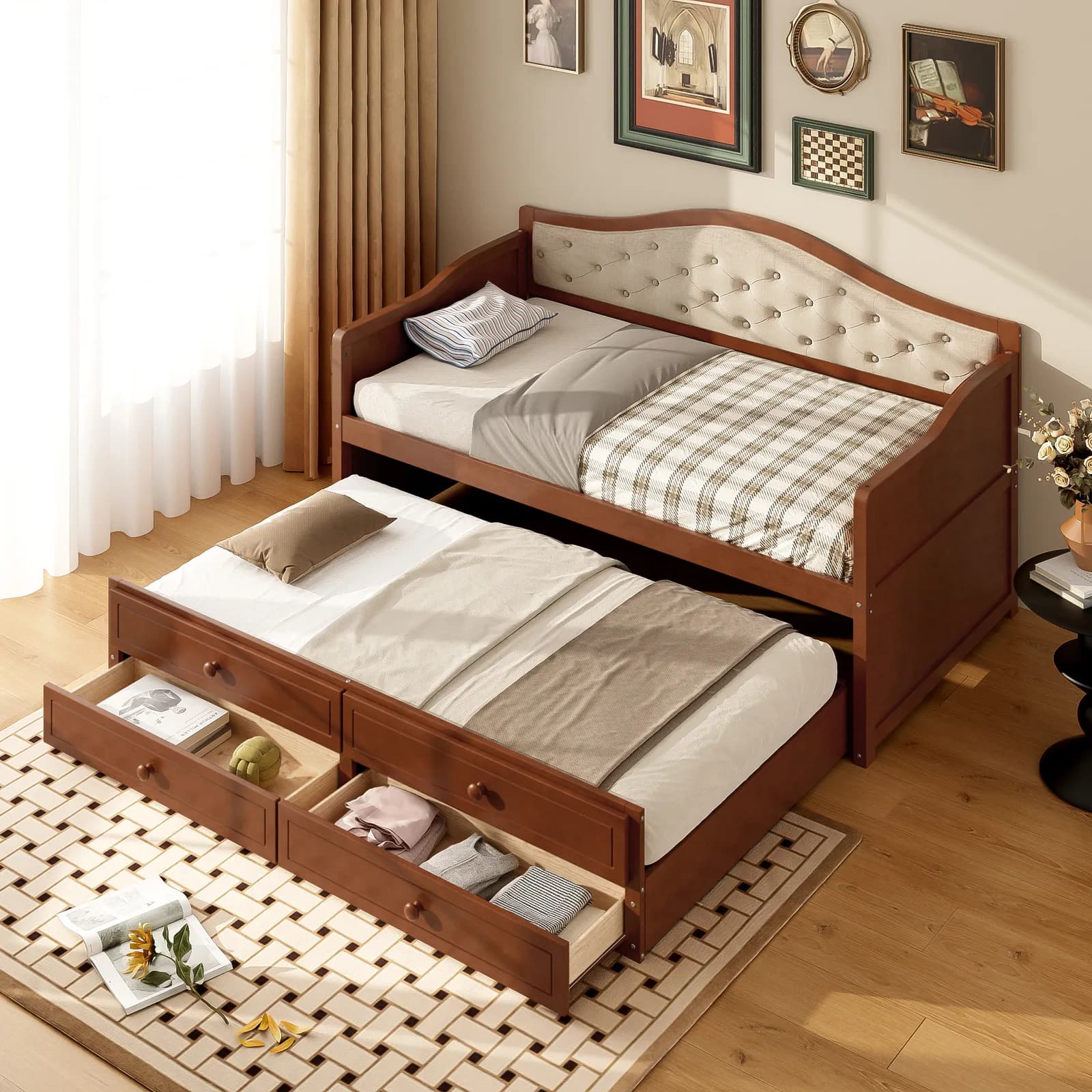 Twin Daybed with Trundle, Twin Size Daybed with 2 Storage Drawers, Wooden Sofa Bed with…