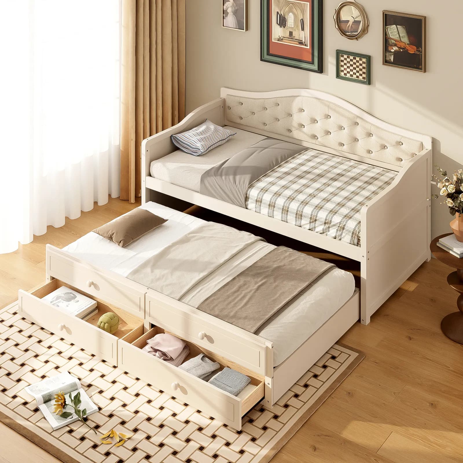 Twin Daybed with Trundle, Twin Size Daybed with 2 Storage Drawers, Wooden Sofa Bed with…