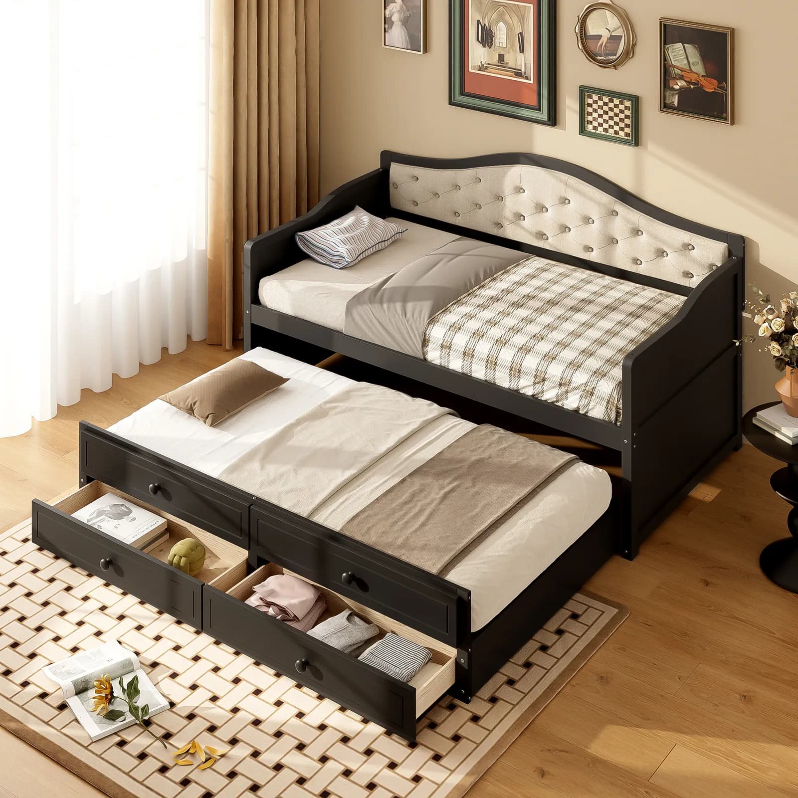 Twin Daybed with Trundle, Twin Size Daybed with 2 Storage Drawers, Wooden Sofa Bed with…