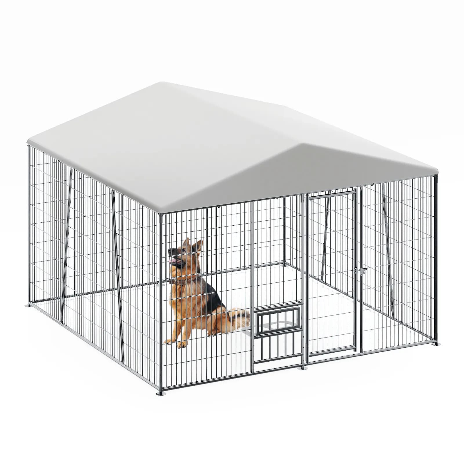 10 x 10-FT heavy-duty outdoor dog kennel with feeding bowl, full coverage waterproof…