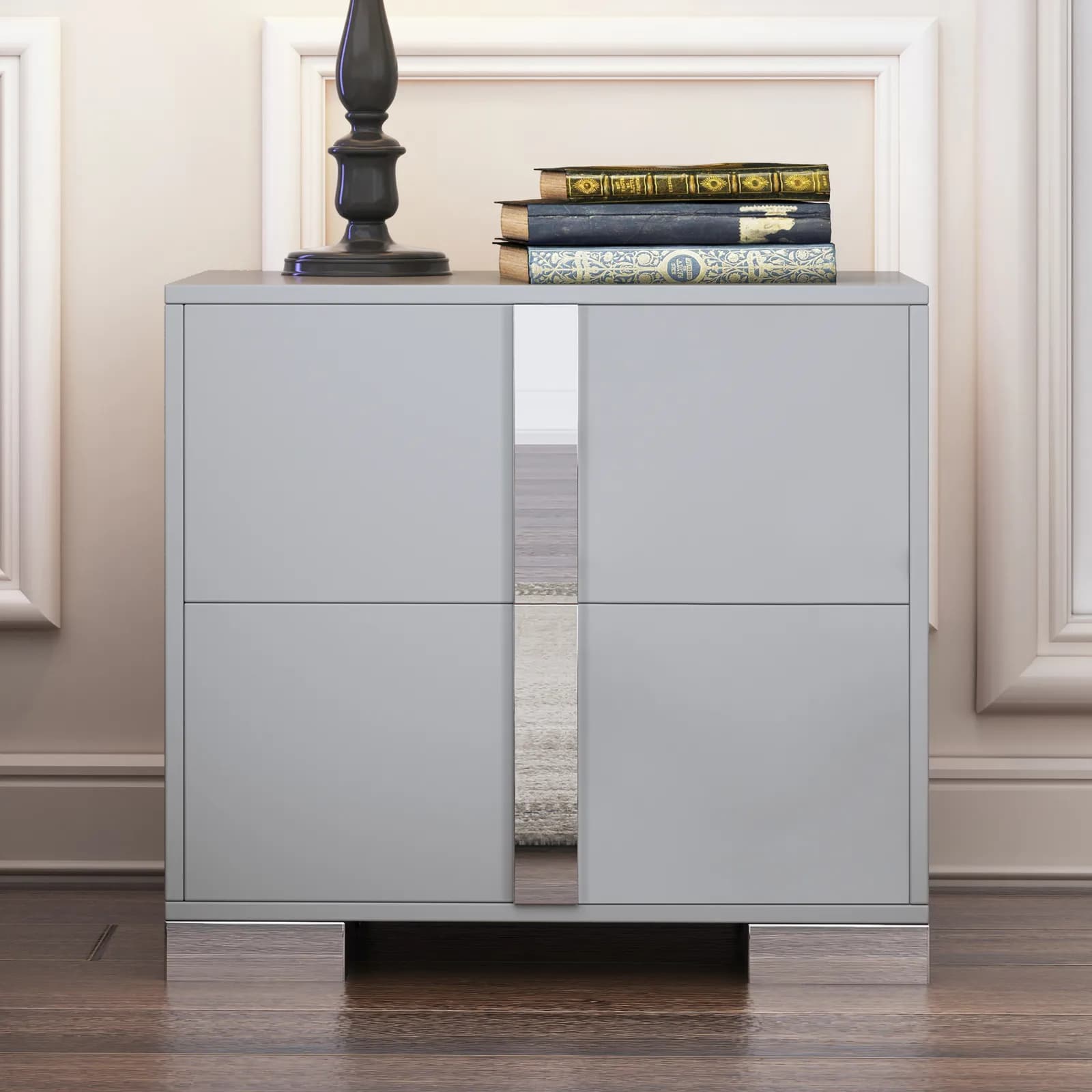 Elegant Nightstand with Metal Foot, Mirrored Bedside Table with 2 Drawers for Bedroom,…