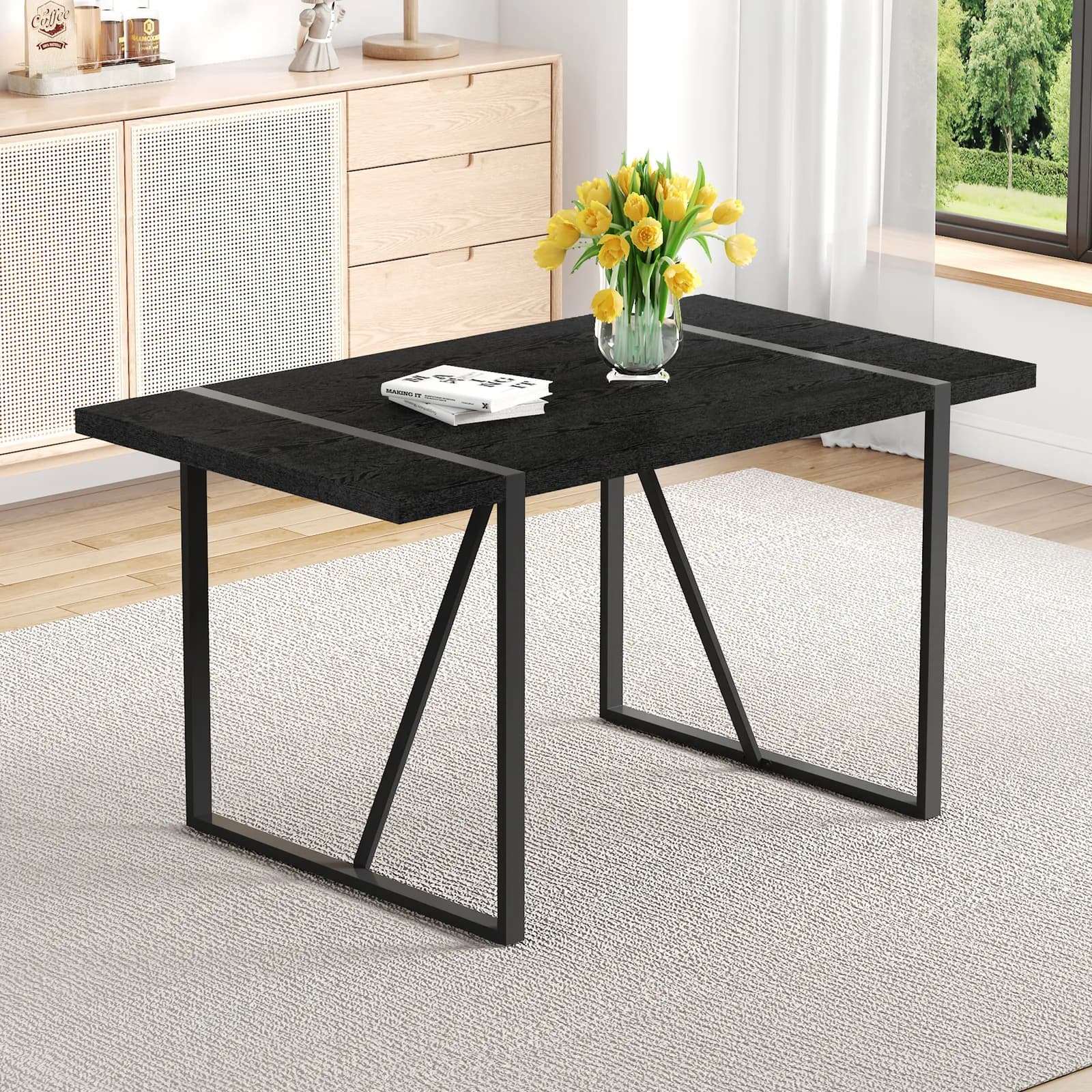 A 55-Inch minimalist retro rectangular dining table with a black textured top with Inset…