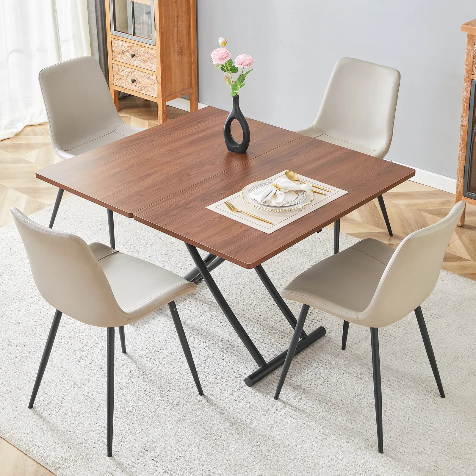 Table and chair set, Modern Multifunctional Lifting Platform, Walnut Wood Grain Sticker…