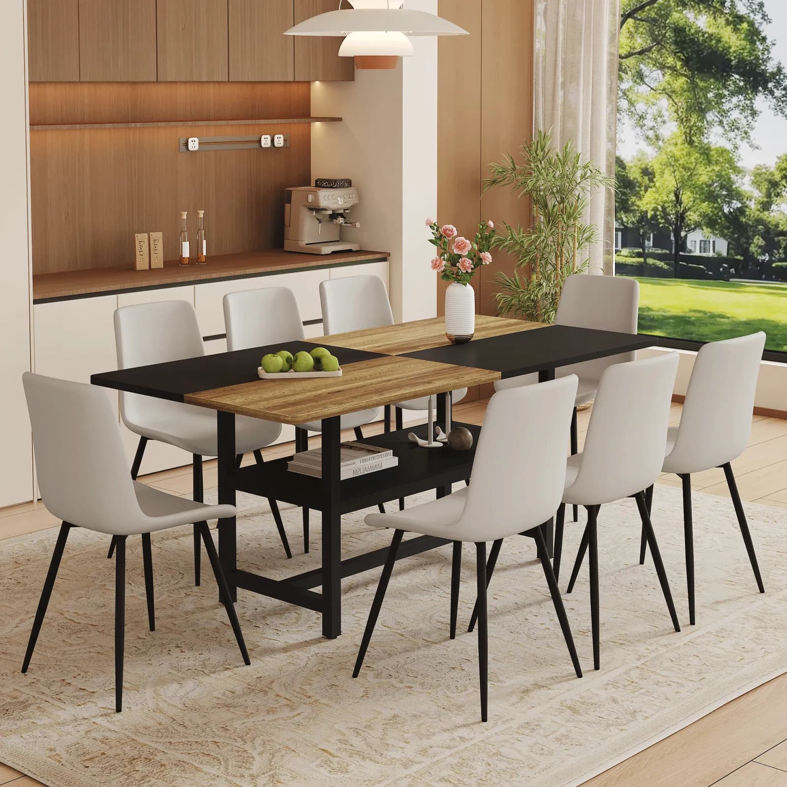Table and chair set, 71*35, 4 inch Wooden And Black Spliced Dining Table With Storage…