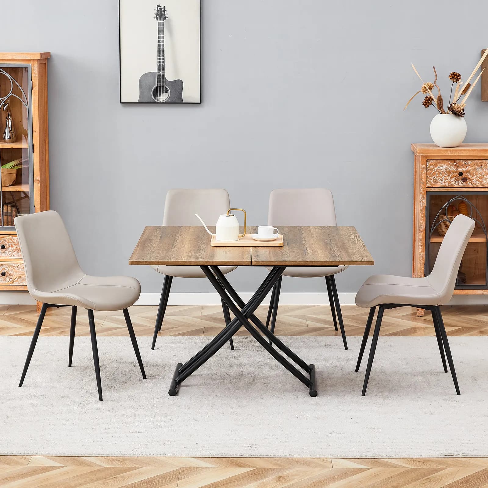 Table and chair set, Modern Multifunctional Lifting Platform, Natural Wood Grain Sticker…