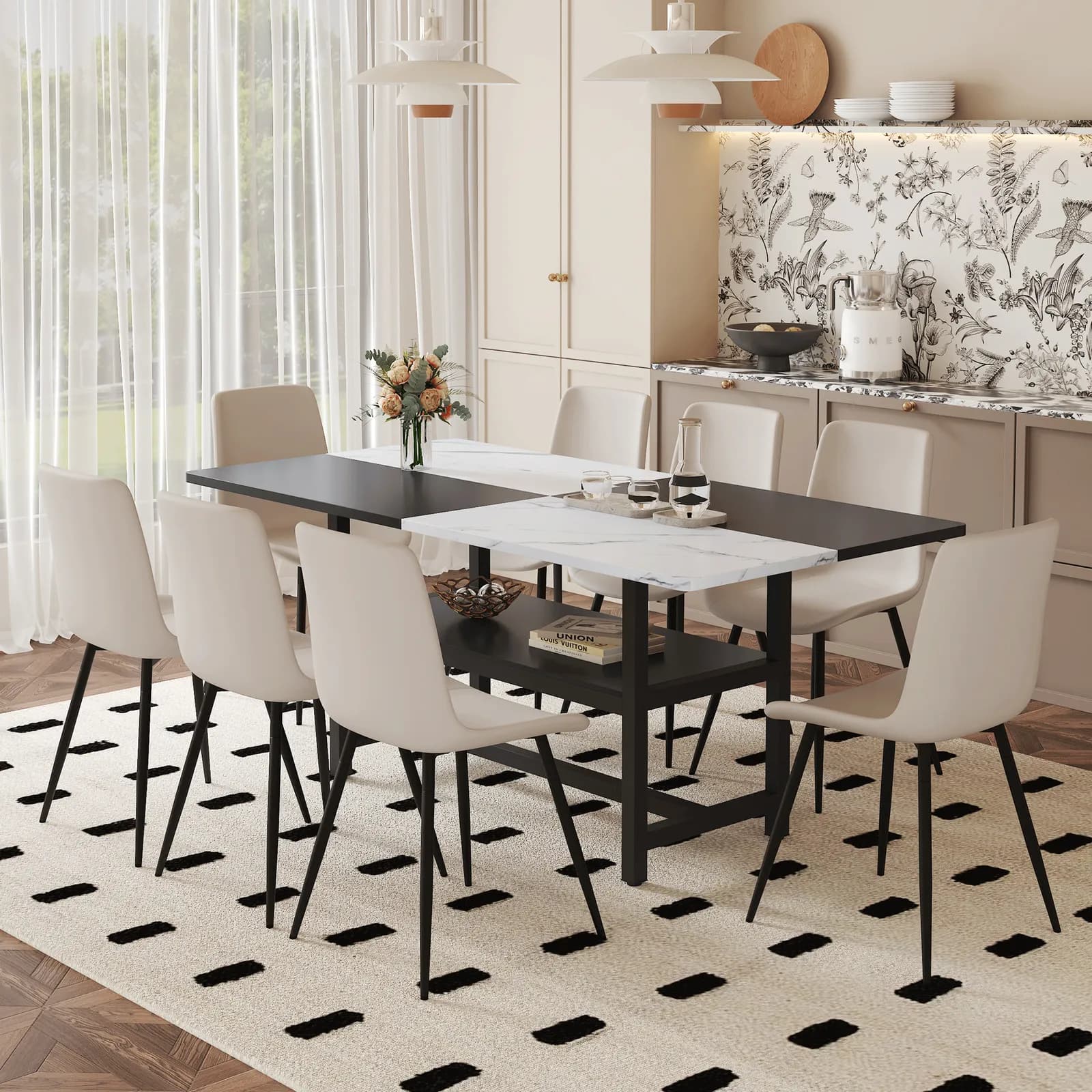 Table and chair set, 71*35, 4 inch White And Black Spliced Dining Table With Storage…