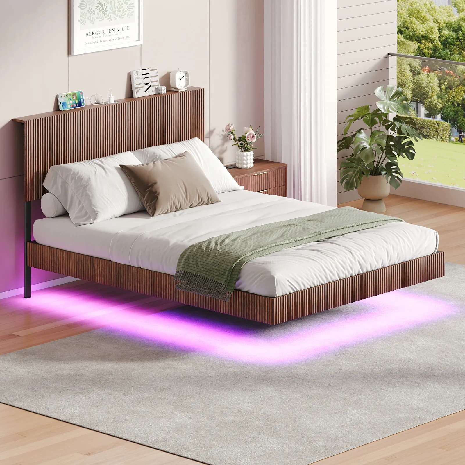 Walnut Queen floating bedstead, with charging station and LED lights, wavy headboard,…
