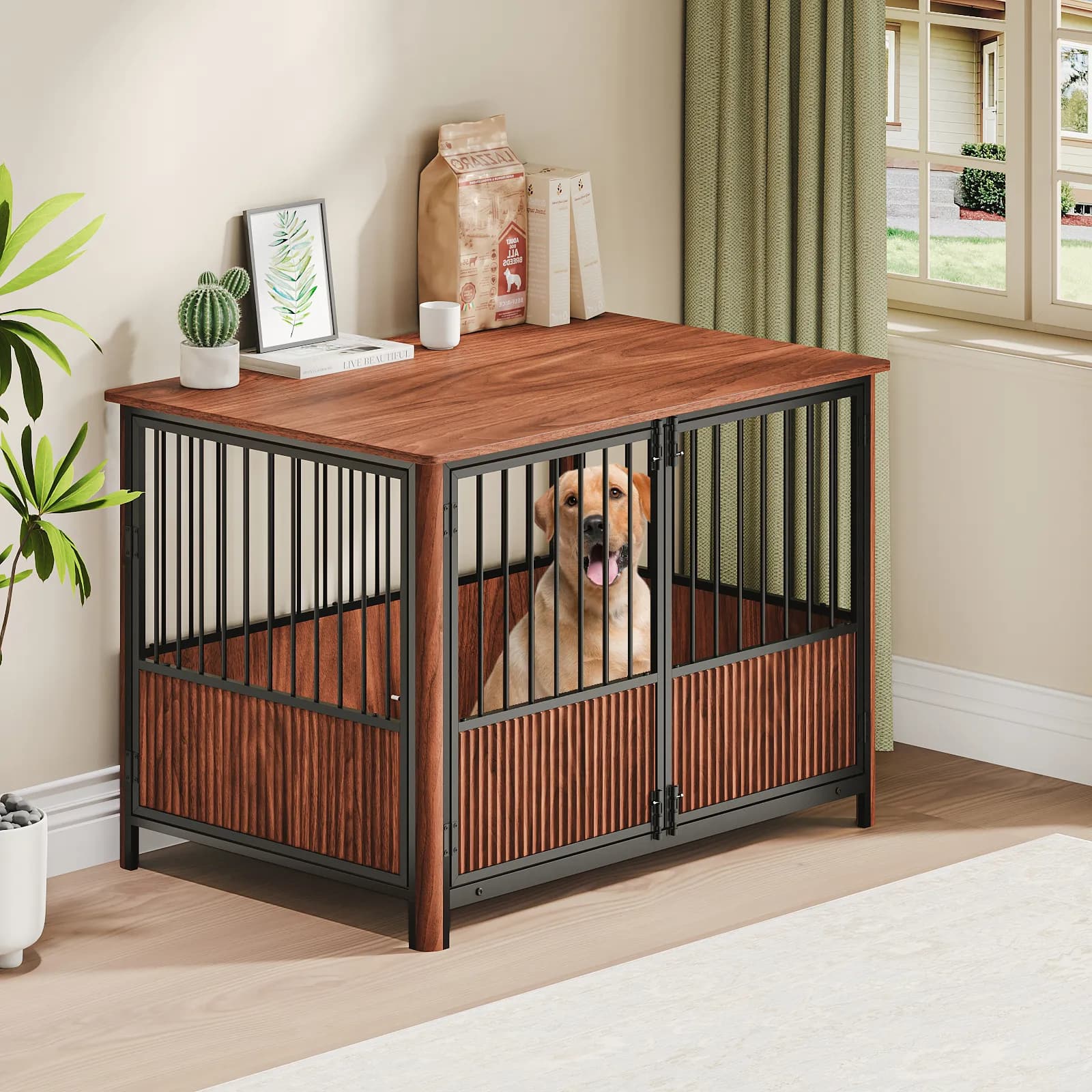 43'' Walnut Fluted Wood Furniture Style Dog Crate for Large & Medium Dogs - Double Door…