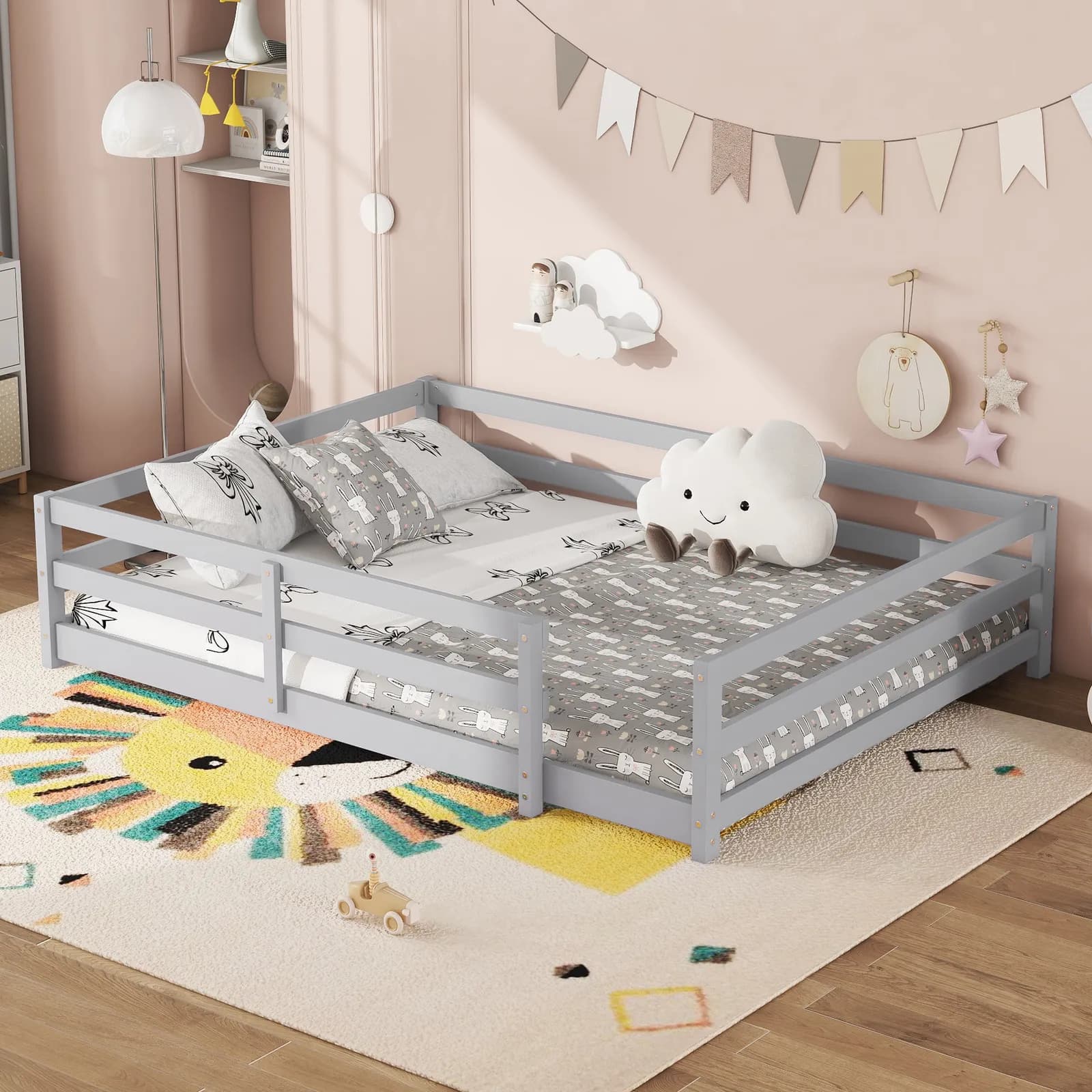 Full Size Floor Bed, Montessori Floor Bed with Fence, Kids Montessori Bed Full Size, Wood…