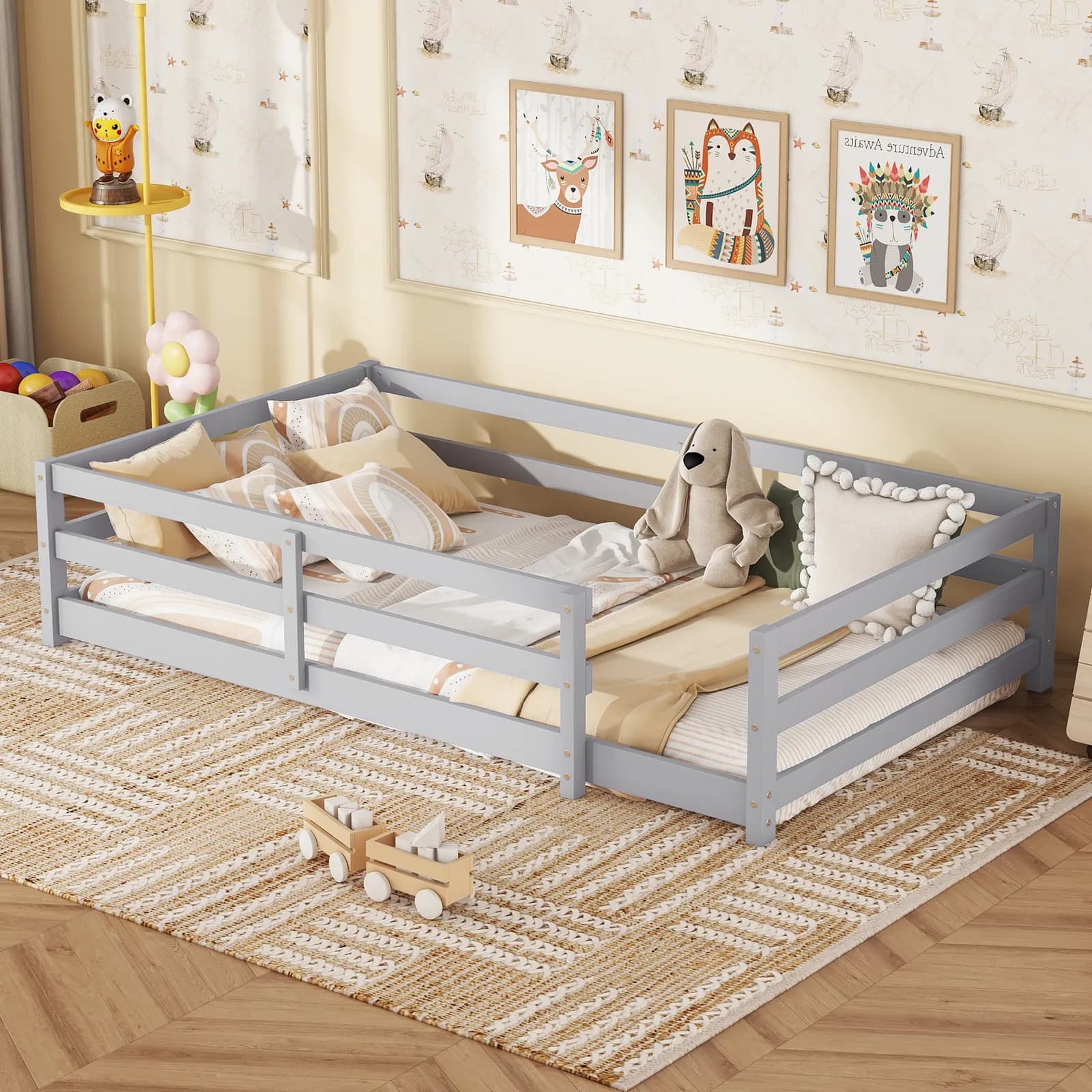 Twin Size Floor Bed, Montessori Floor Bed with Fence, Kids Montessori Bed Twin Size, Wood…