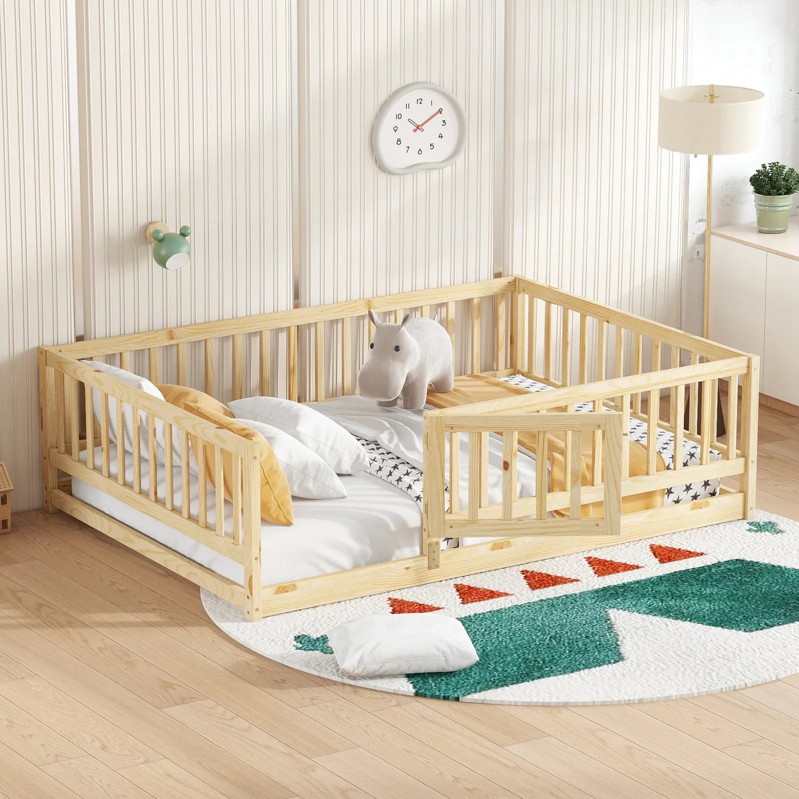 Full Size Floor Bed with Slats, Montessori Floor Bed with Fence and Door, Kids Montessori…