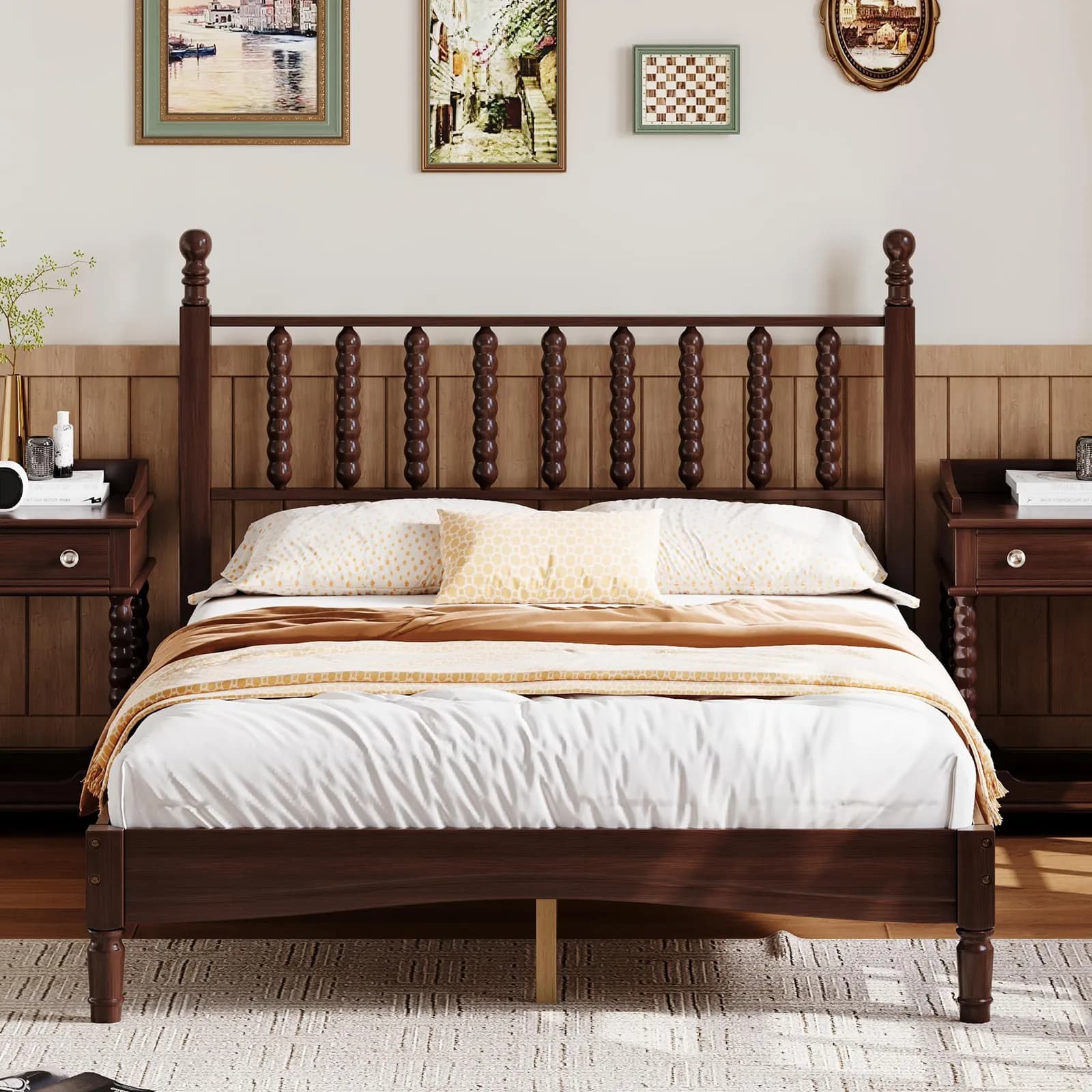 Full Size Wood Platform Bed with Gourd Shaped Headboard, Retro Style Platform Bed with…