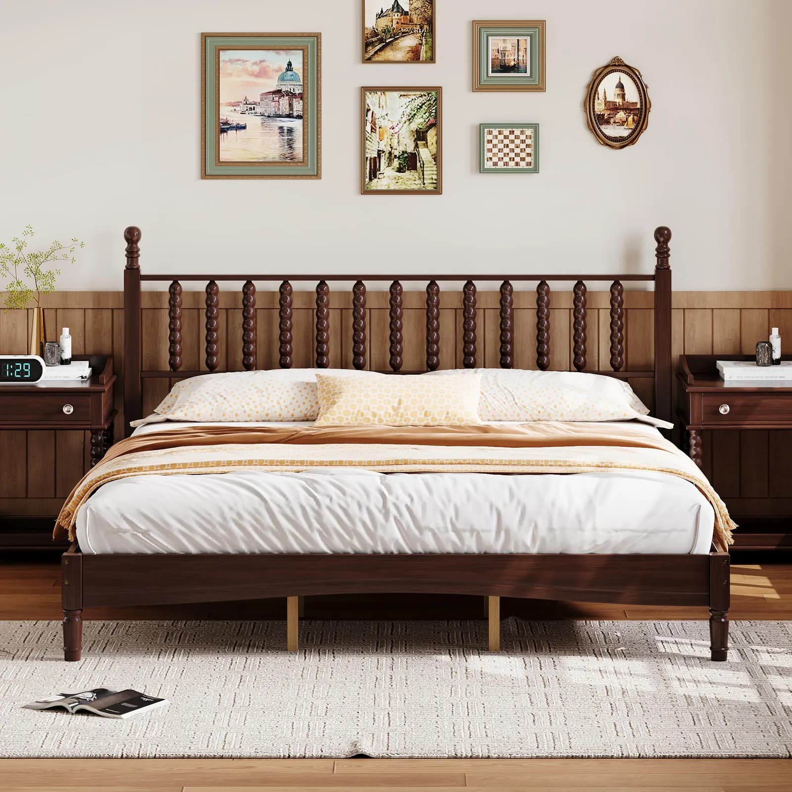 King Size Wood Platform Bed with Gourd Shaped Headboard, Retro Style Platform Bed with…