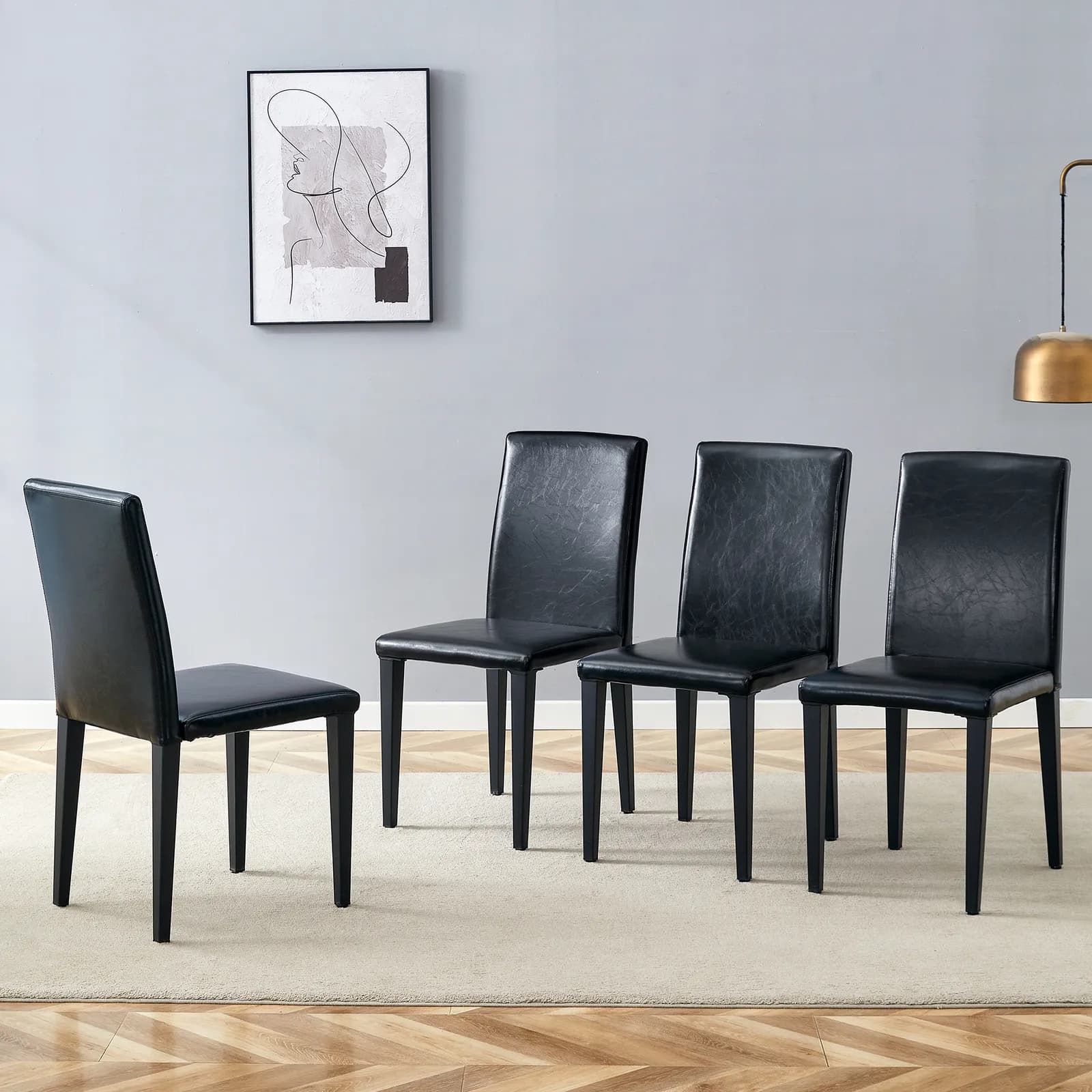 Four black PU dining chairs, simple and versatile, comfortable and accompanied, The…