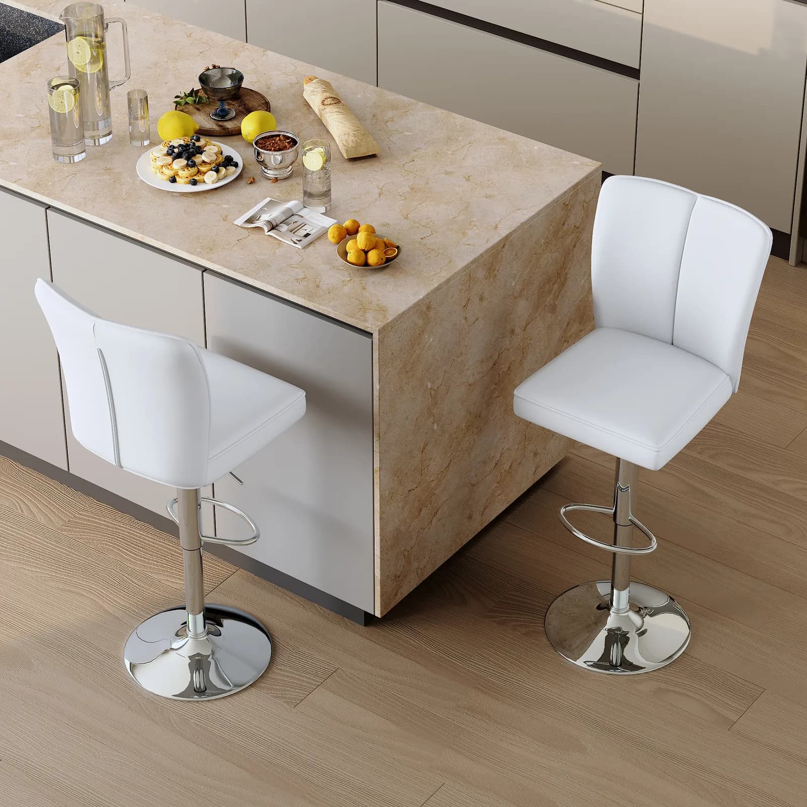Modern White PU Bar Stool Set - 2-Piece, featuring vertical and smooth-lined backrests…
