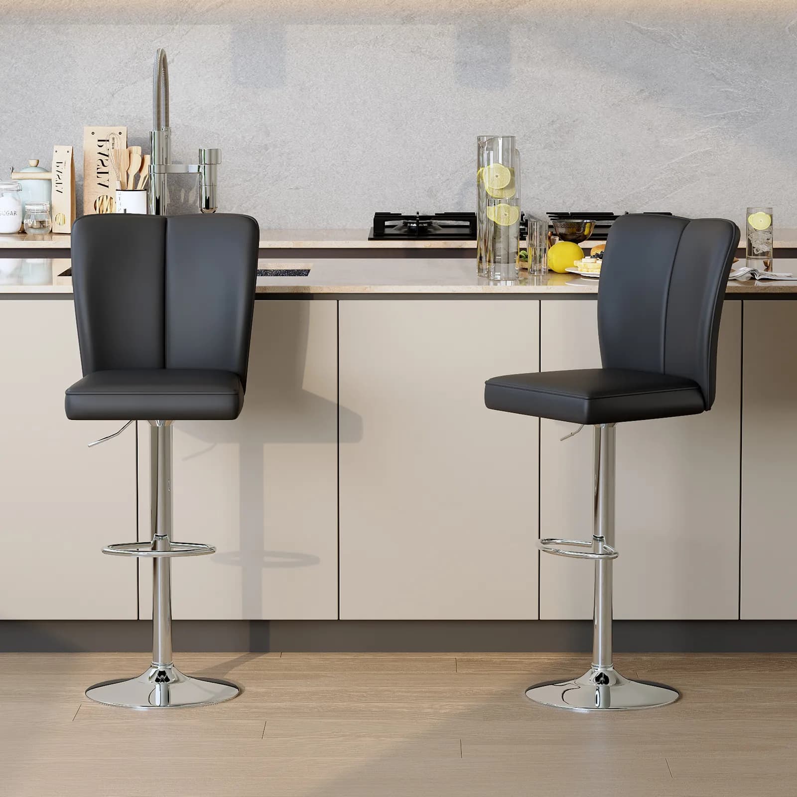 Modern Black PU Bar Stool Set - 2-Piece, featuring vertical and smooth-lined backrests…