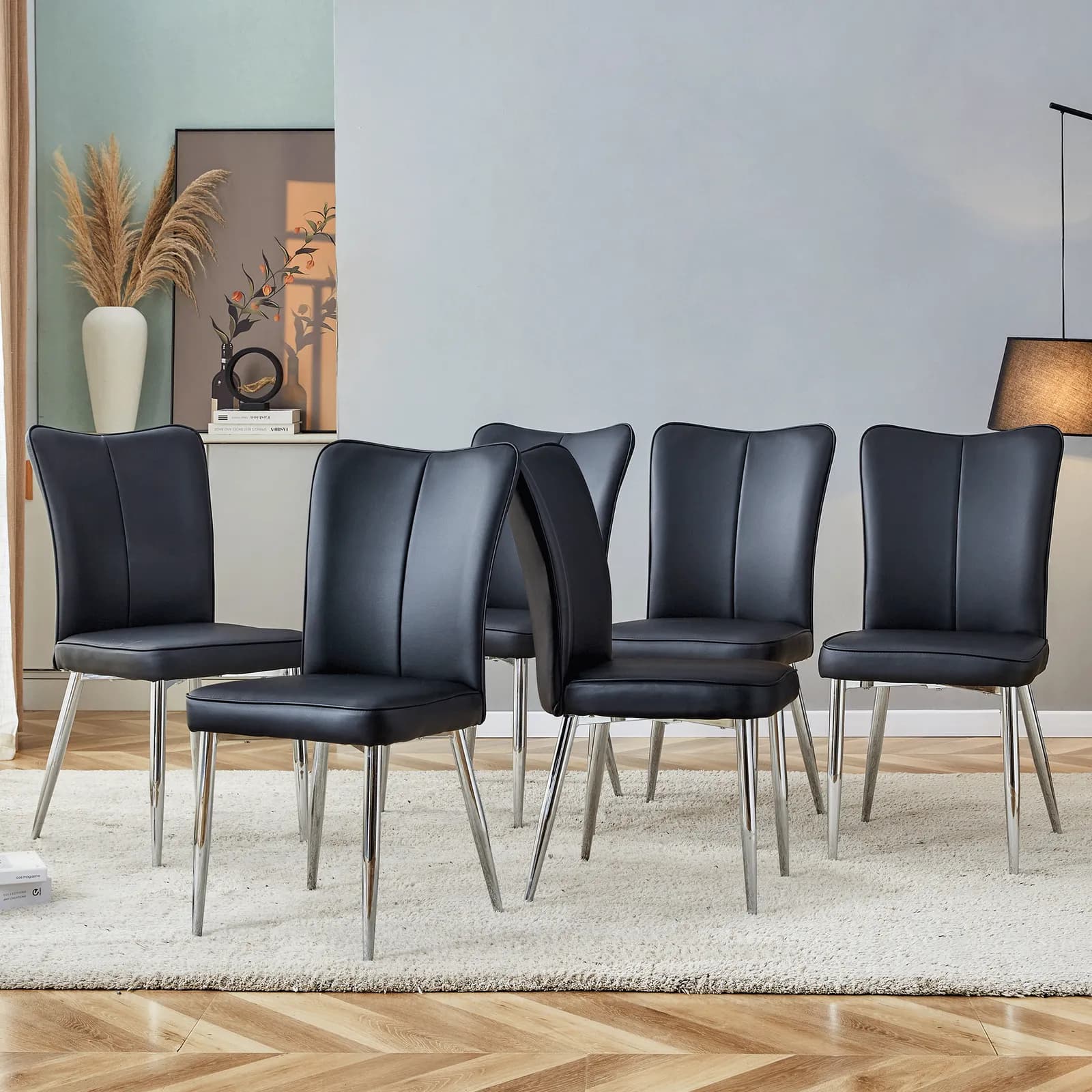 Modern minimalist dining chairs, black PU leather curved backrest and seat cushions,…